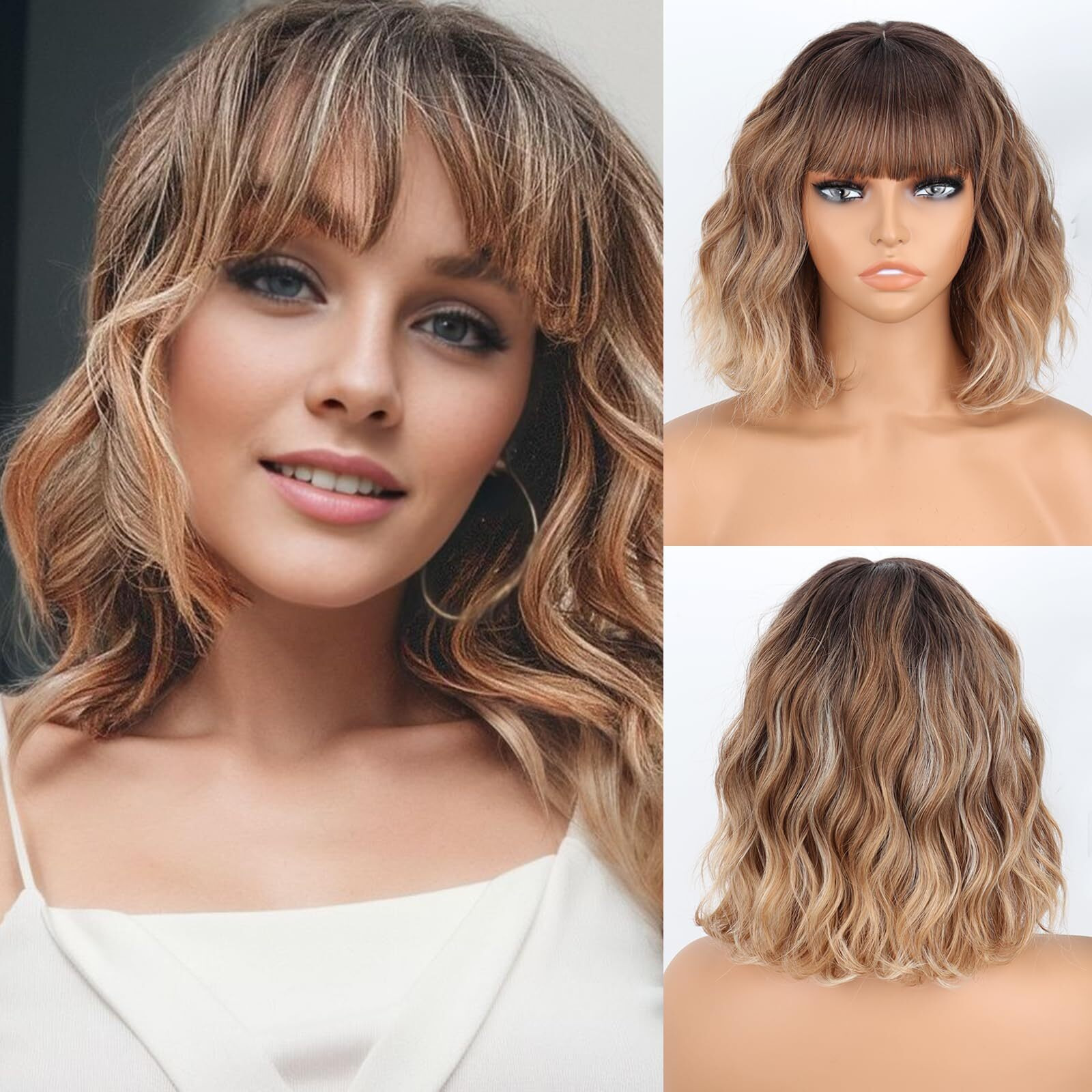 Missqueen Short Blonde Wigs For Women Bob Brown Mixed Blonde Wavy Wig With Bangs Natural Synthetic Wavy Curly Highlight Blonde Wig For Halloween Daily(Brown To Blonde)