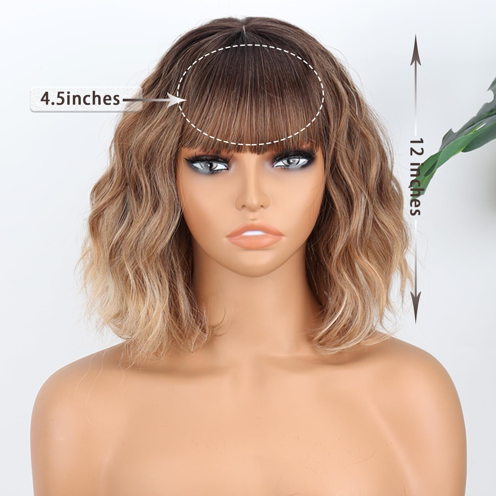 Missqueen Short Blonde Wigs For Women Bob Brown Mixed Blonde Wavy Wig With Bangs Natural Synthetic Wavy Curly Highlight Blonde Wig For Halloween Daily(Brown To Blonde)