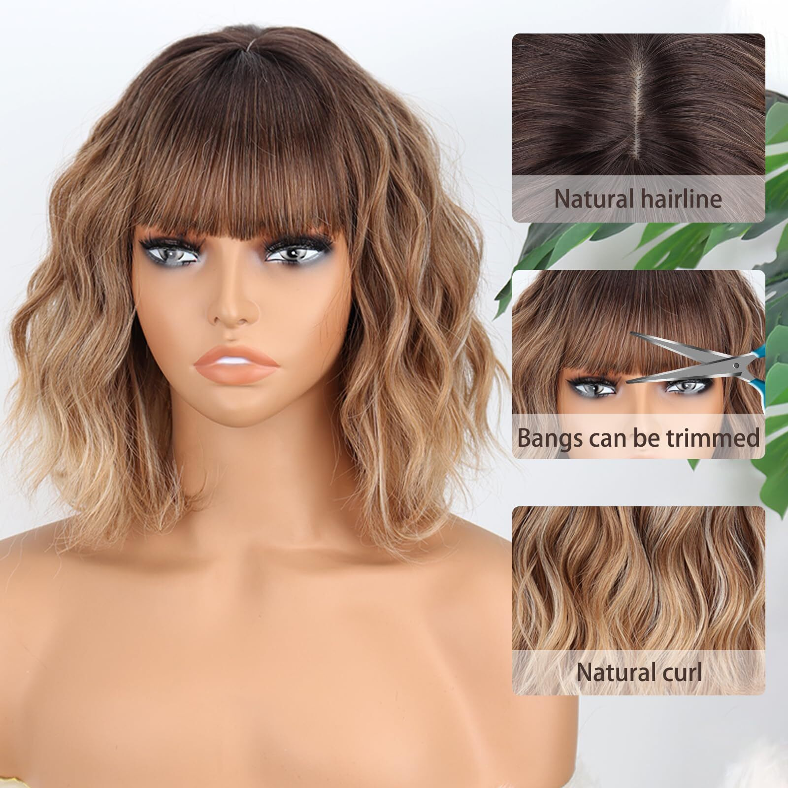 Missqueen Short Blonde Wigs For Women Bob Brown Mixed Blonde Wavy Wig With Bangs Natural Synthetic Wavy Curly Highlight Blonde Wig For Halloween Daily(Brown To Blonde)