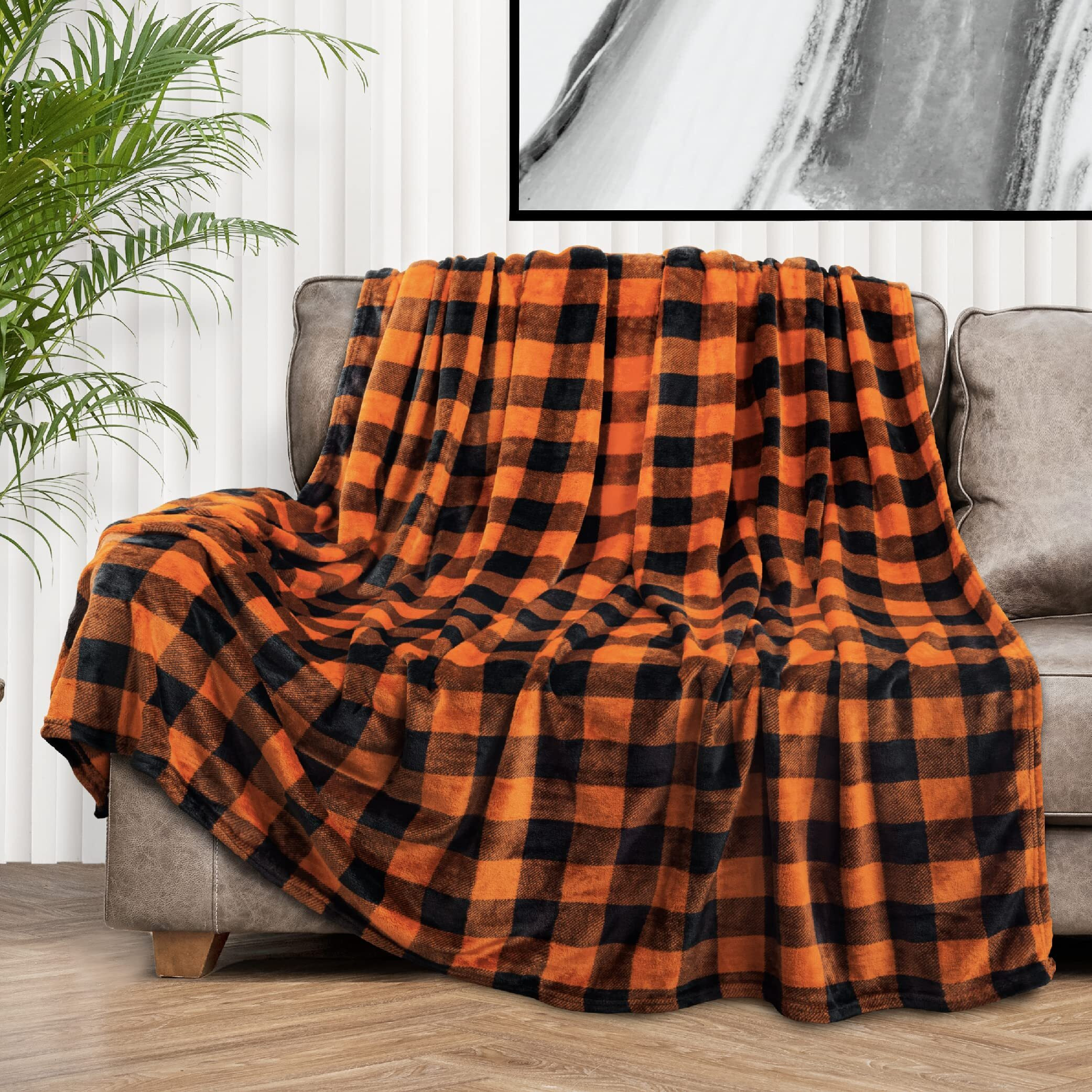 Pavilia Black And Orange Buffalo Plaid Fleece Throw Blanket For Couch  Soft Halloween Flannel Blanket For Sofa  Orange Checkered Plaid Fall Couch Throw  Warm Cozy Fall Bed Blanket Decor Gift  50X60