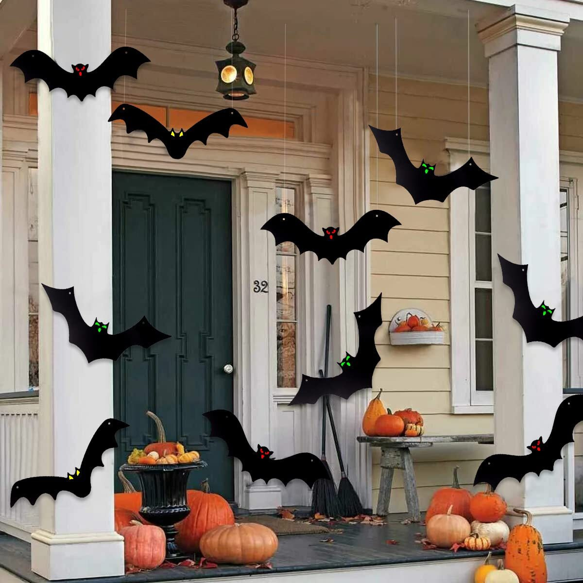 Yujun Halloween Hanging Bats 12 Pieces 3D Realistic Scary Large Fake Black Hanging Flying Bat Spooky For Yard Sign Outdoor Indoor Lawn Decorations(3 Style)