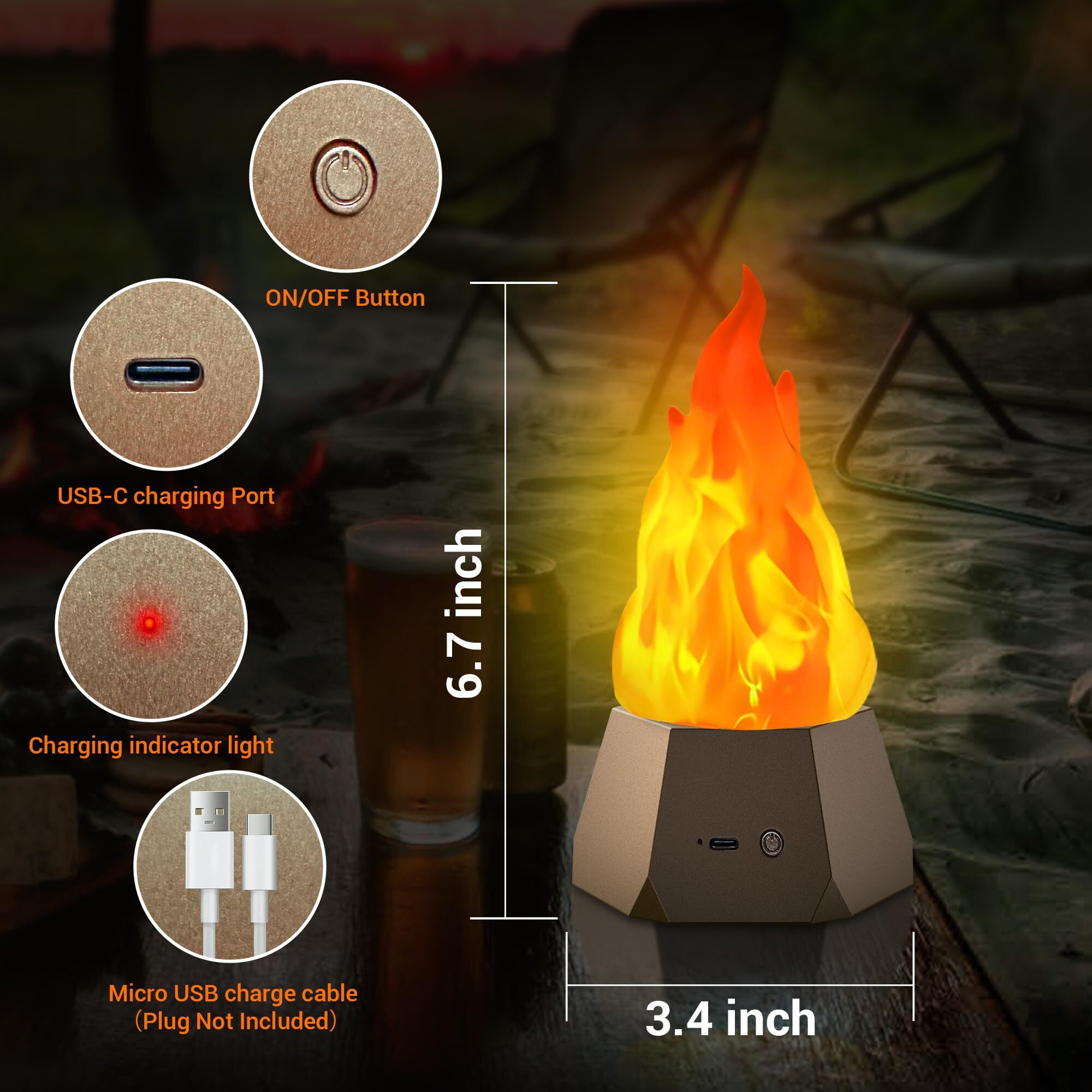 Ollcuz Fake Fire Lamp  Usb Rechargeable Flameless Flickering Flame  3-Mode Led Flame Light For Outdoor Camping Holiday Halloween Christmas Thanksgiving Table Yard Decorations