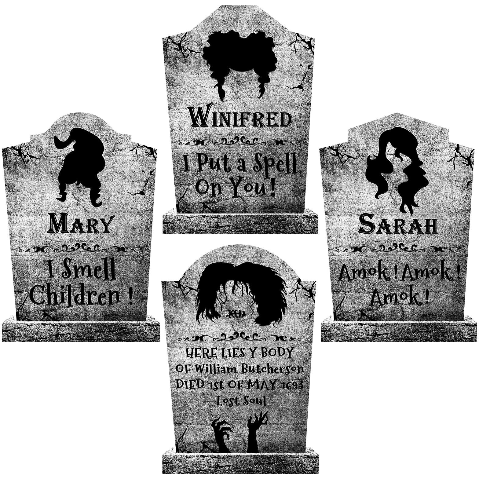 Limbridge Outdoor Halloween Decorations  4Ct Large Hocus Pocus Witches Tombstones  Gravestone Decor Yard Signs With Stakes  16"" Tall Realistic Scary Graveyard Headstone  For Kids Home Party