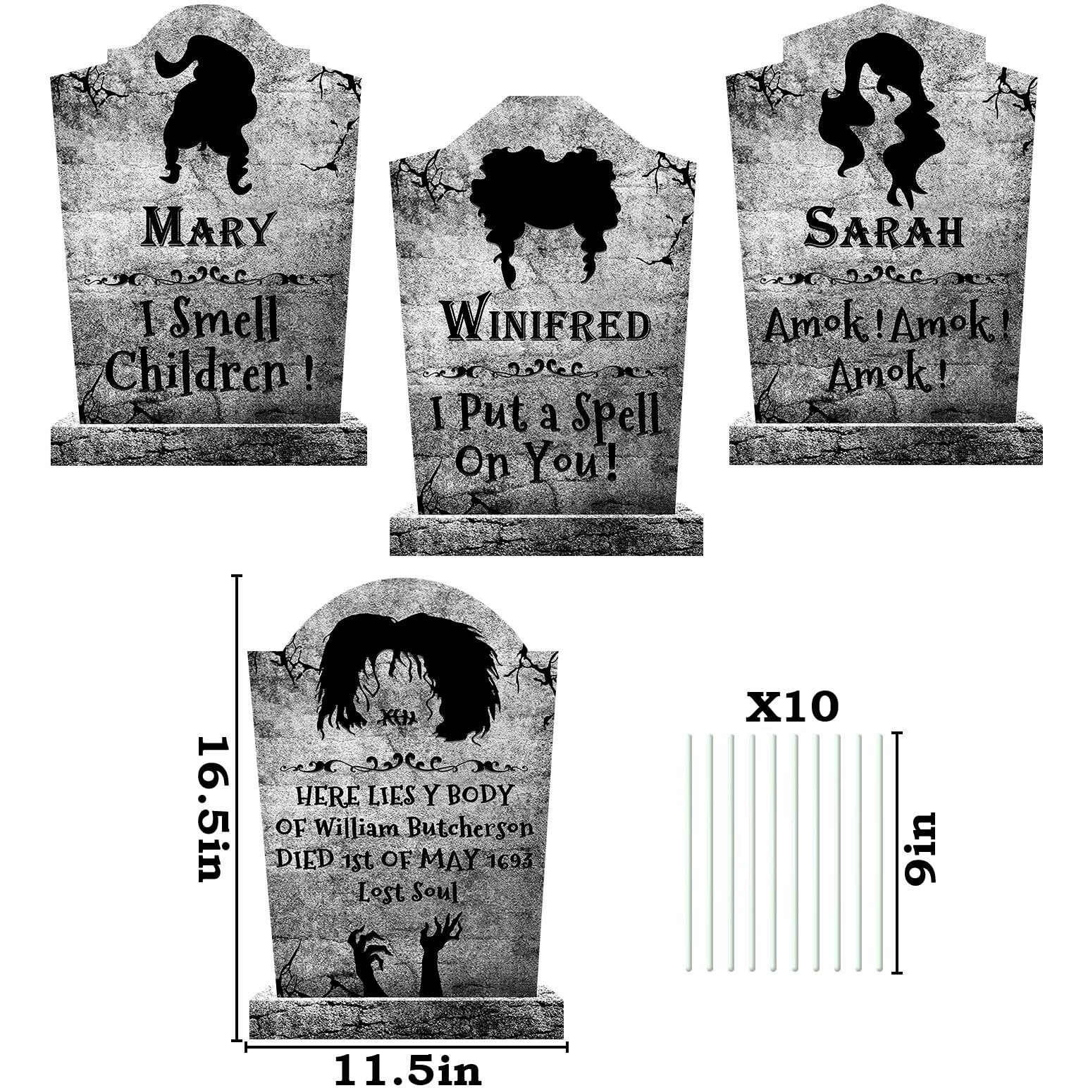 Limbridge Outdoor Halloween Decorations  4Ct Large Hocus Pocus Witches Tombstones  Gravestone Decor Yard Signs With Stakes  16"" Tall Realistic Scary Graveyard Headstone  For Kids Home Party
