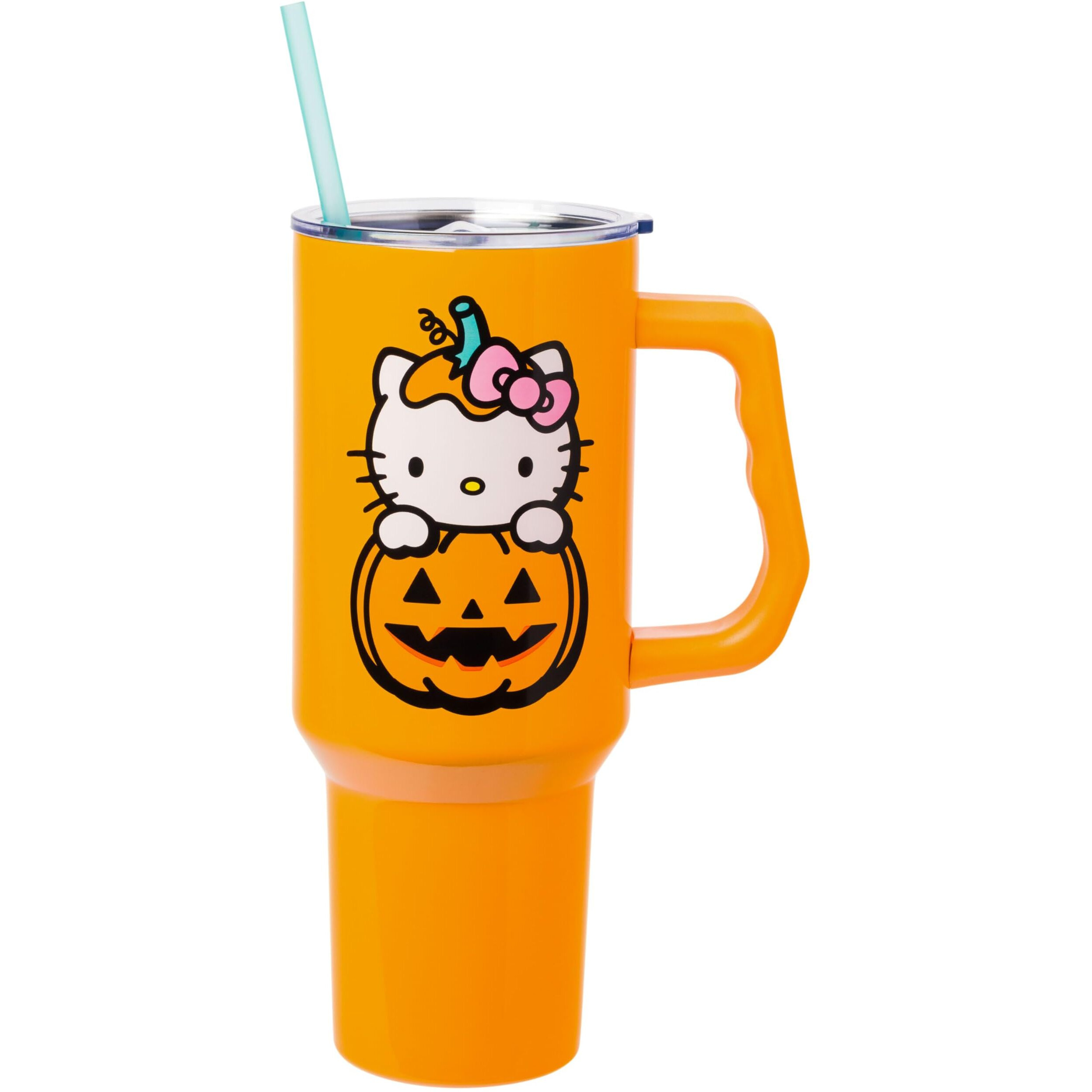 Silver Buffalo Sanrio Hello Kitty Halloween Jack-O-Lantern Stainless Steel Tumbler With Handle And Straw  Fits In Standard Cup Holder  40 Ounces