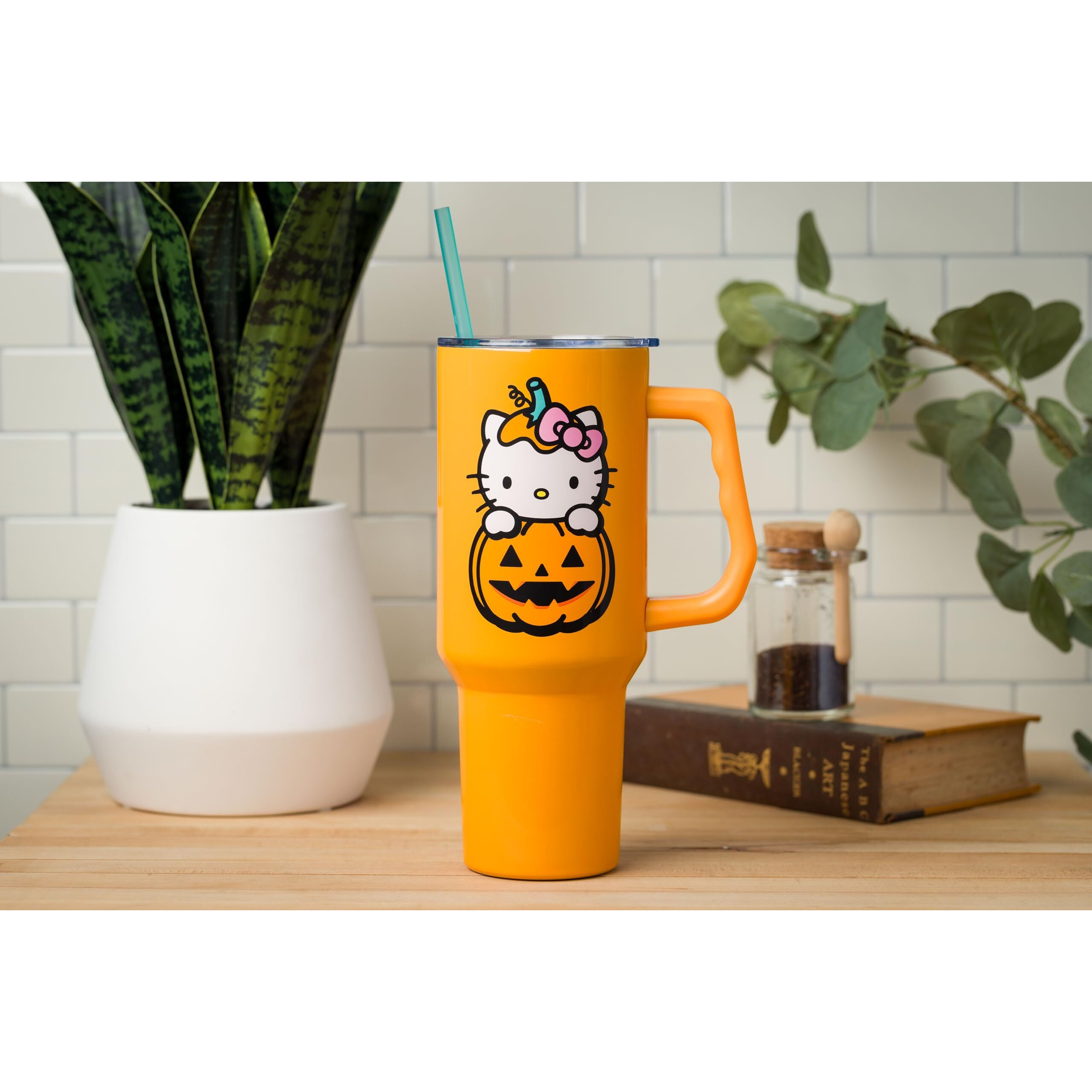 Silver Buffalo Sanrio Hello Kitty Halloween Jack-O-Lantern Stainless Steel Tumbler With Handle And Straw  Fits In Standard Cup Holder  40 Ounces