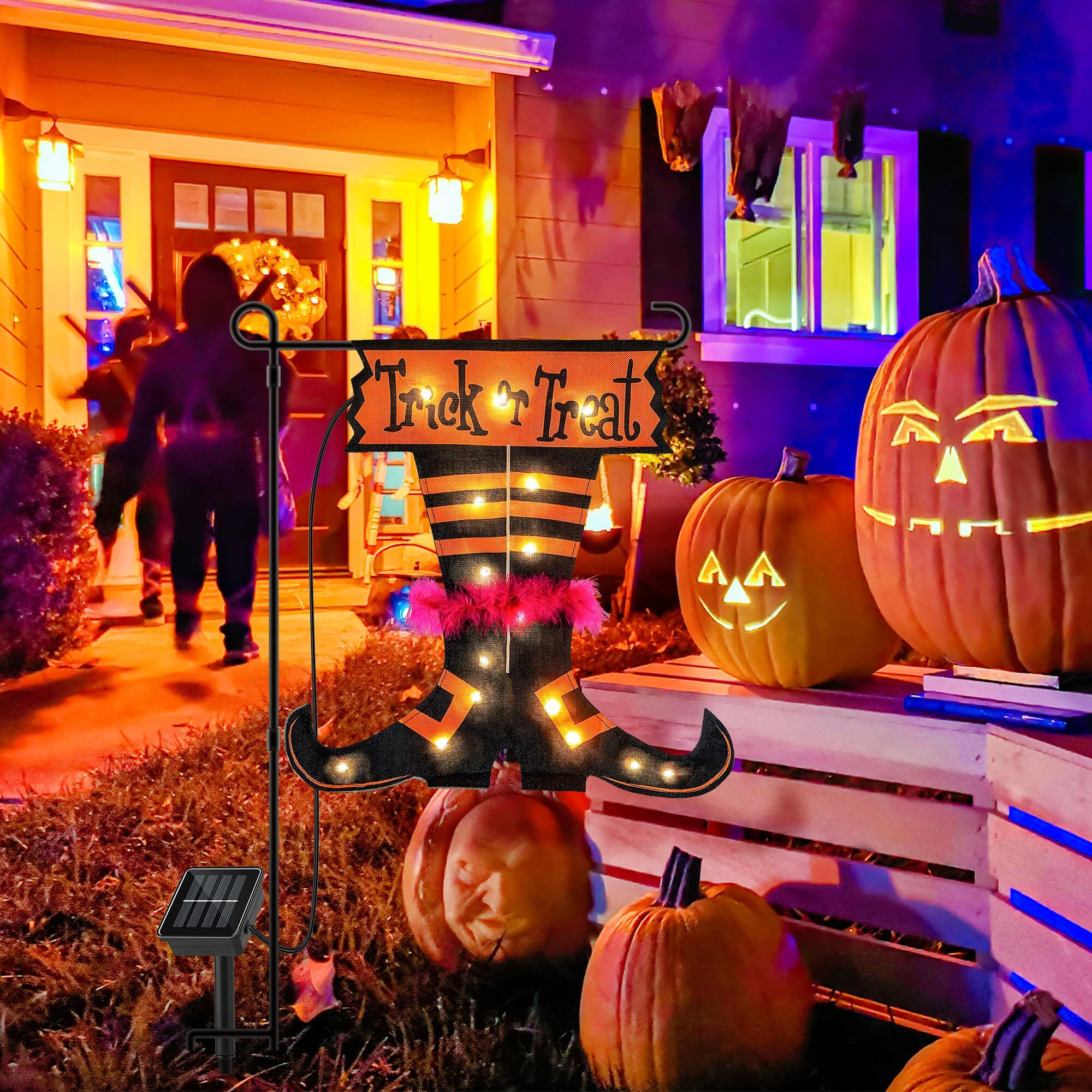 Qunlight Halloween Trick Or Treat Graden Flag Lights Without Flag Pole  Double Sided Witch Feet Flag Banner 17.1*17.2Inch  16 Warm White Led With 8Modes Solar Panel  Decorations For Outdoor Yard  Home