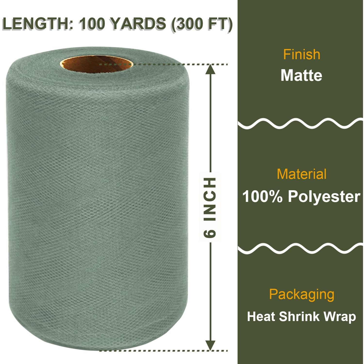 Sage Green Tulle Fabric Roll 6 Inch X 300 Ft (100 Yards) Matte Tulle Ribbon Netting Mesh Spool For Diy Tutu Skirt Wedding Bow Gift Wrapping Baby Shower Christmas Party Halloween Decorations