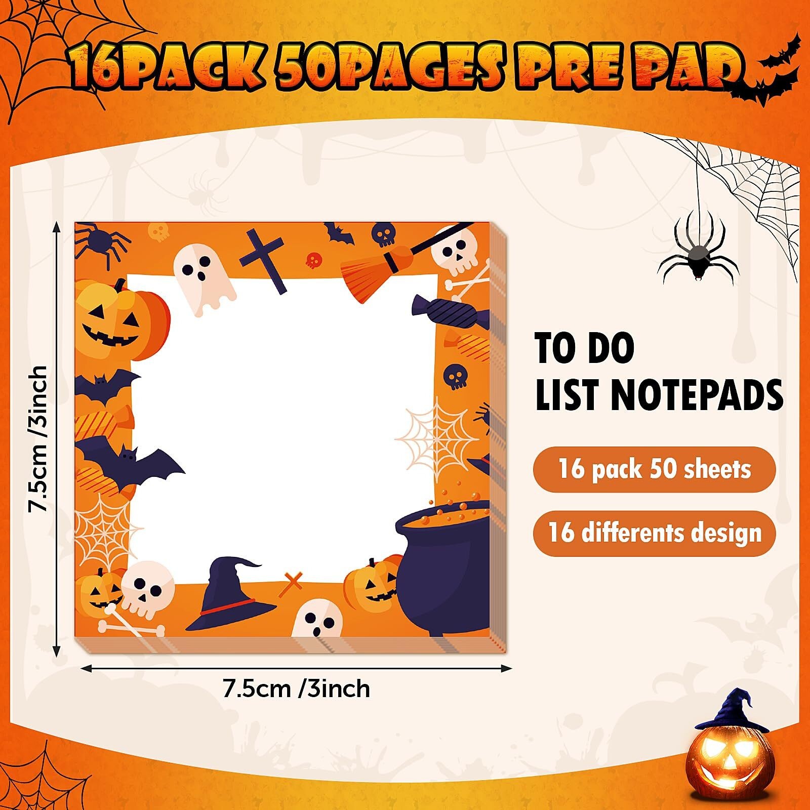 16 Pieces Halloween Sticky Note Self-Adhesive Halloween Note Pads With Spider Pumpkin Bat Eyeball Halloween Memo Notes For Halloween School Office Home Students Teachers Presents 30 Sheets Each