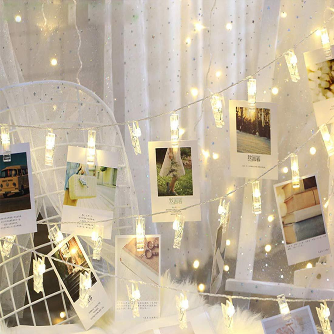 Dopheuor Led Photo Clip Copper String Lights Starry Fairy Warm Yellow Lights Battery Powered For Hang Pictures Cards Bedroom Wall Decorations Christmas Patio Halloween Thanksgiving Weddingparty Decor