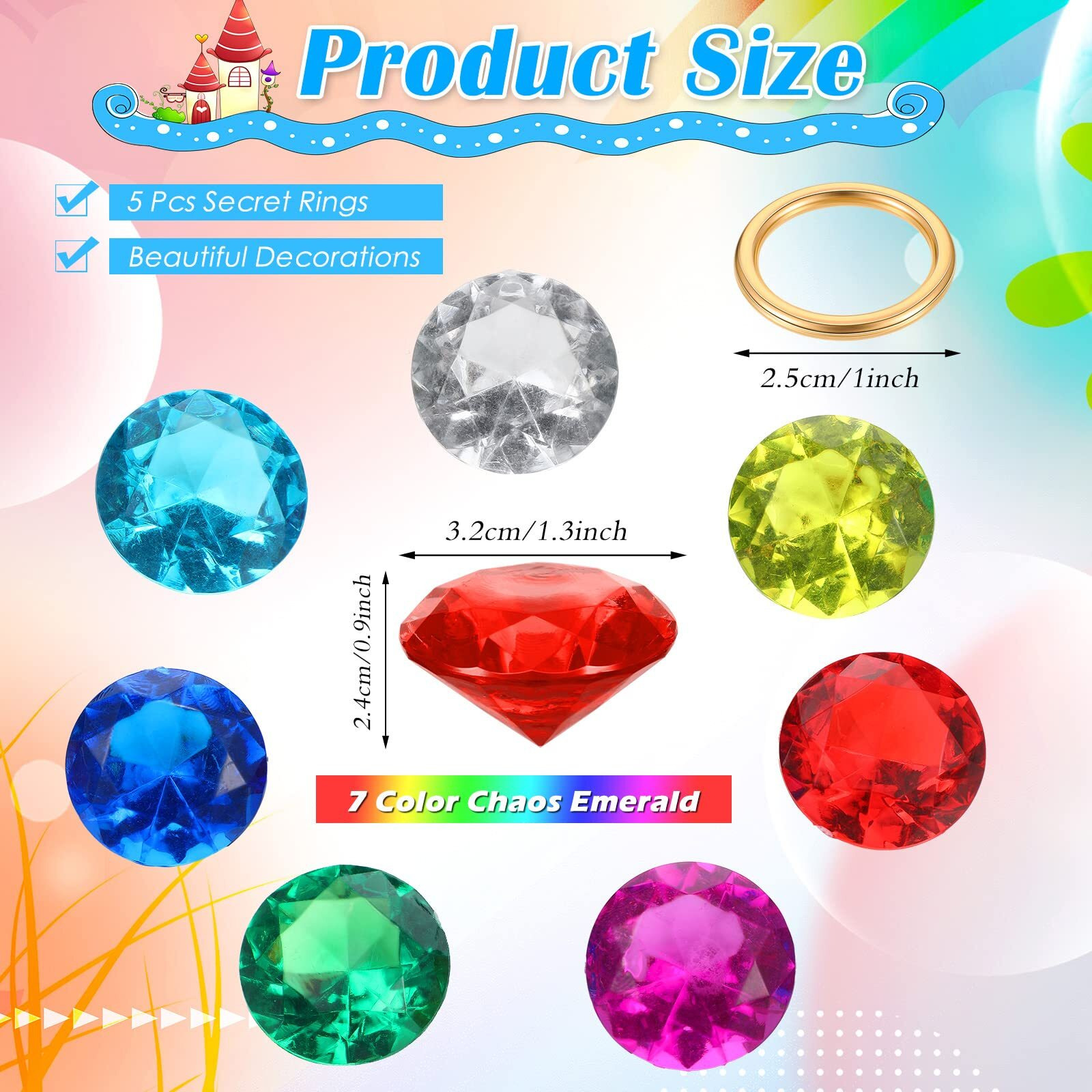 Zcysrlqin 12 Pcs Chaos Emeralds Gold Round Ring Set Acrylic Diamond Gemstone Jewelry Alloy Halloween Party Hunting Cake Ornament Gift Bag Blue Hedgehog Chaos Emerald Power Ring (Classical Style)