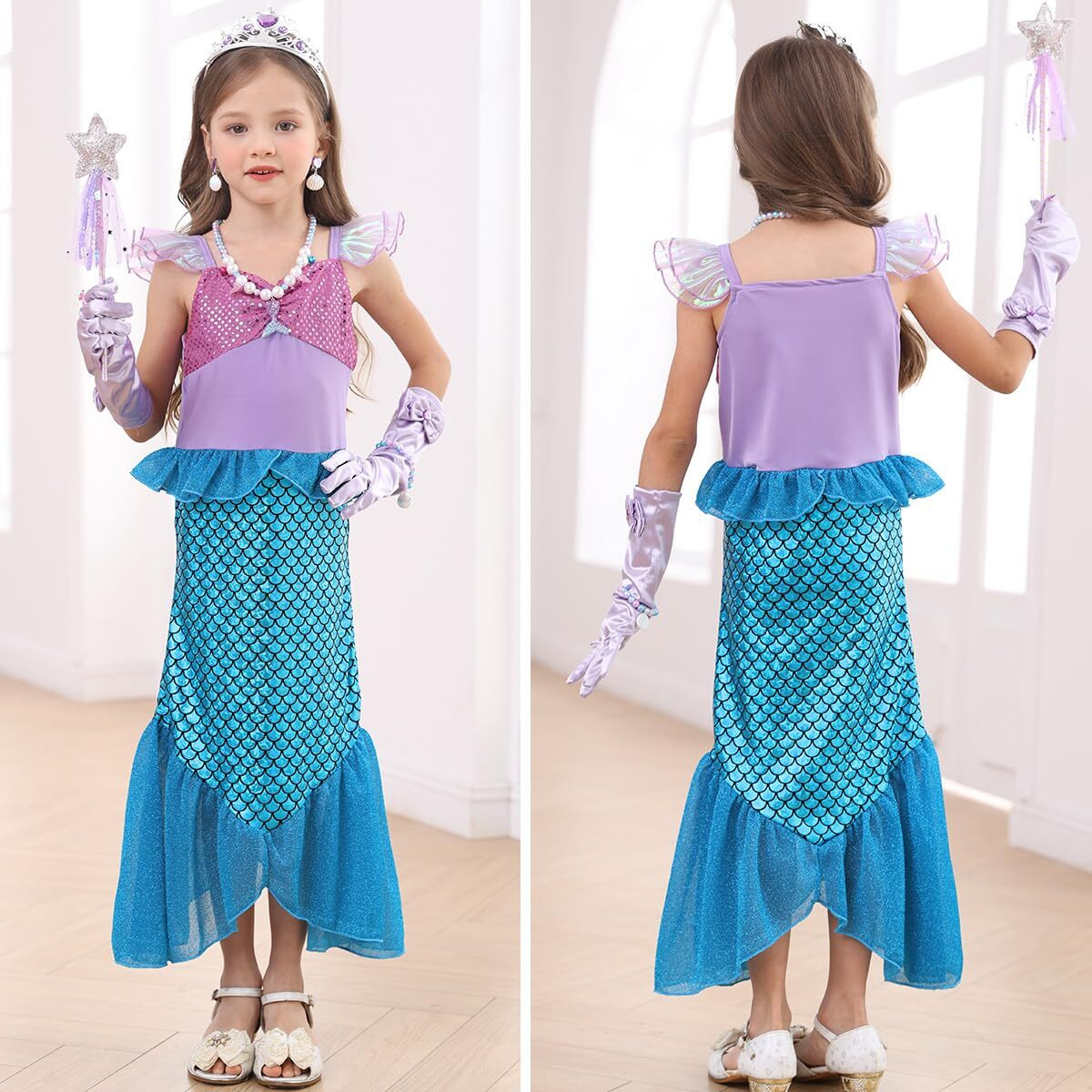 Itvti Little Girls Mermaid Costume For Girls Princess Dress Up Ariel Outfits With Accessories Wig Birthday Party Halloween Cosplay  Blue  5-6 Years(Tag 130)
