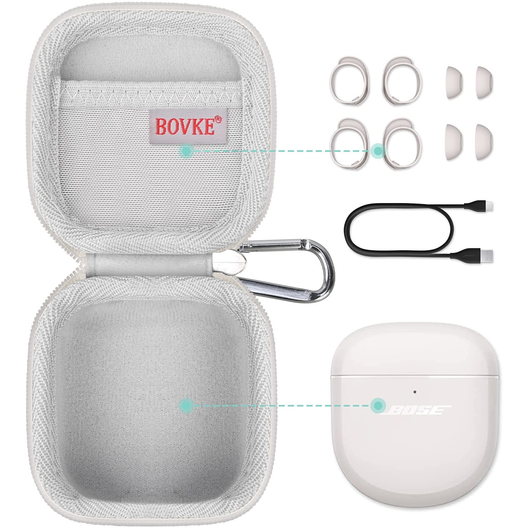 Bovke Carrying Case For Bose Quietcomfort Earbuds Ii/Bose Qc Earbuds 2 / Quietcomfort Ultra Earbuds/Bose Ultra Open Earbuds Wireless Headphones  Pocket For Cables And Eartips  Soapstone (Case Only)