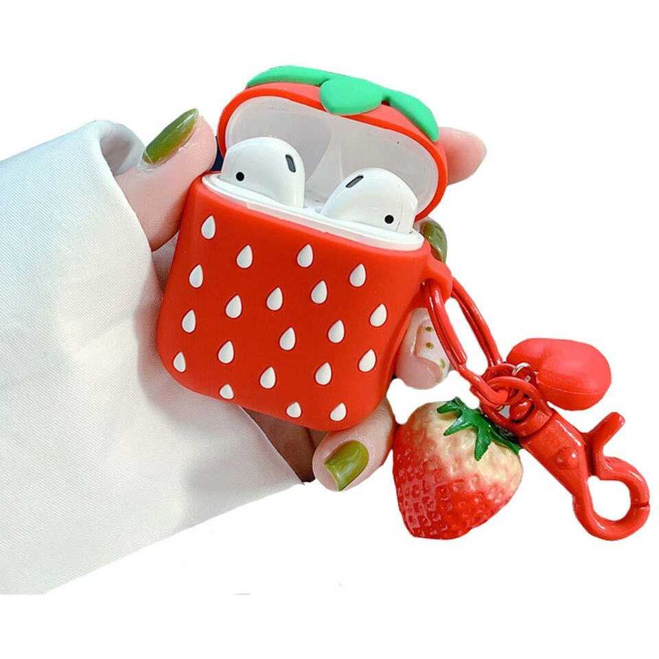 Rertnocnf Compatible With Earbuds Case Airpods 1 & 2  Girls Cute Strawberry Design Soft Silicone Waterproof Shockproof Earphone Protective Cover Red