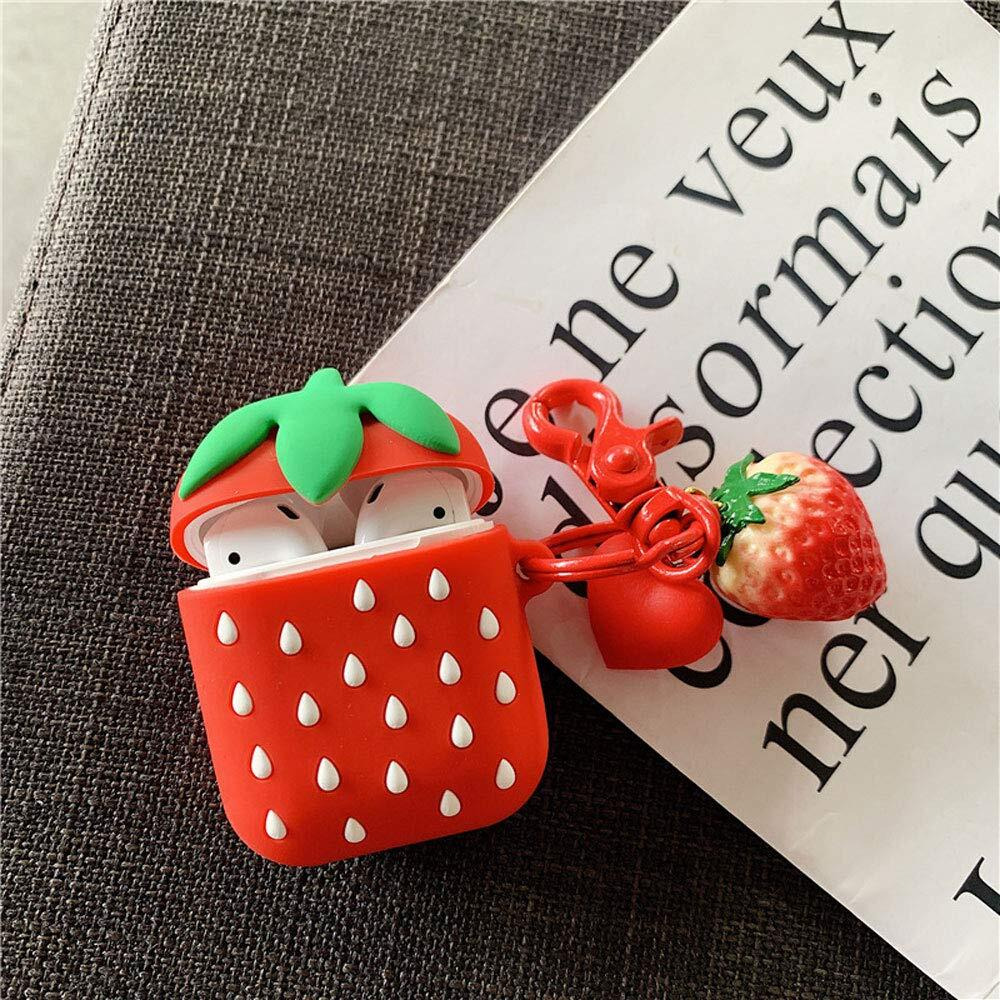 Rertnocnf Compatible With Earbuds Case Airpods 1 & 2  Girls Cute Strawberry Design Soft Silicone Waterproof Shockproof Earphone Protective Cover Red