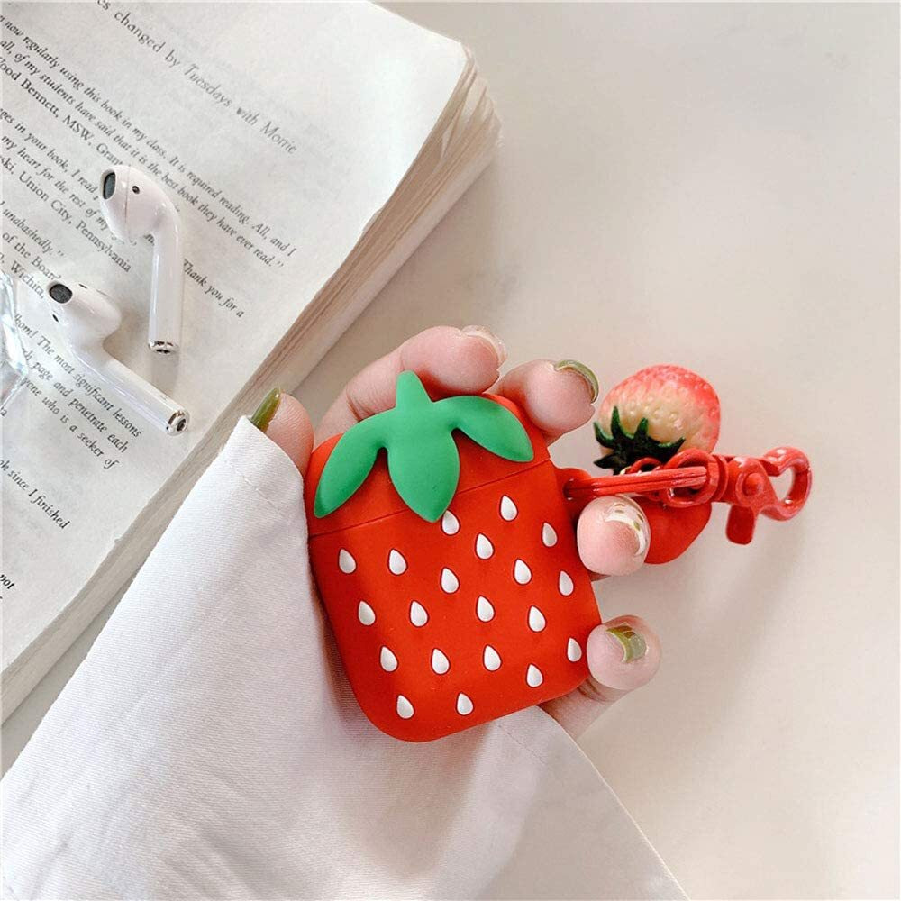 Rertnocnf Compatible With Earbuds Case Airpods 1 & 2  Girls Cute Strawberry Design Soft Silicone Waterproof Shockproof Earphone Protective Cover Red