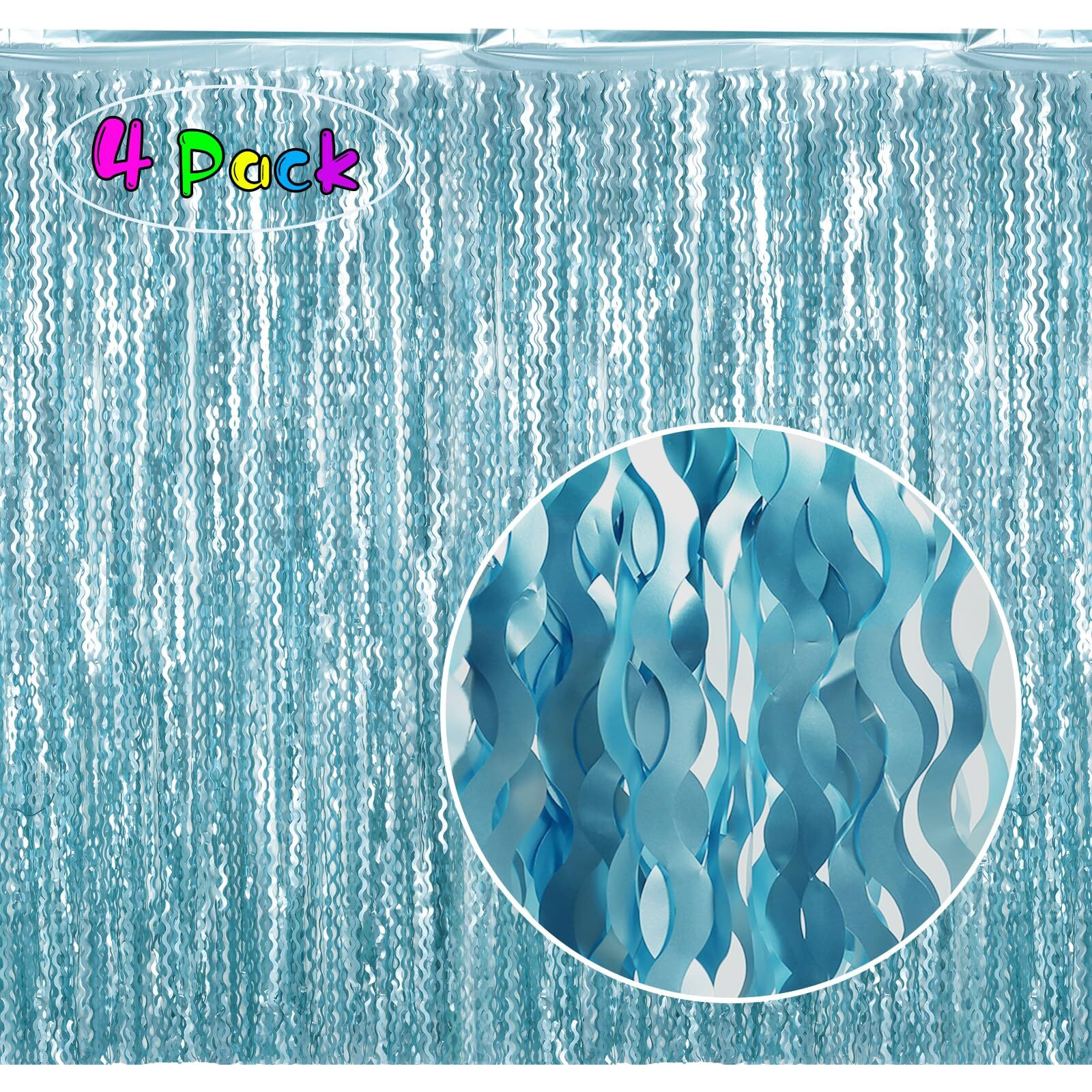 4 Pack Wavy Blue Foil Fringe Curtain 3.3X6.6 Feet | Blue Streamers Tinsel Backdrop For Under The Sea Party Decorations | Ocean Backdrop | Mermaid Birthday Decorations