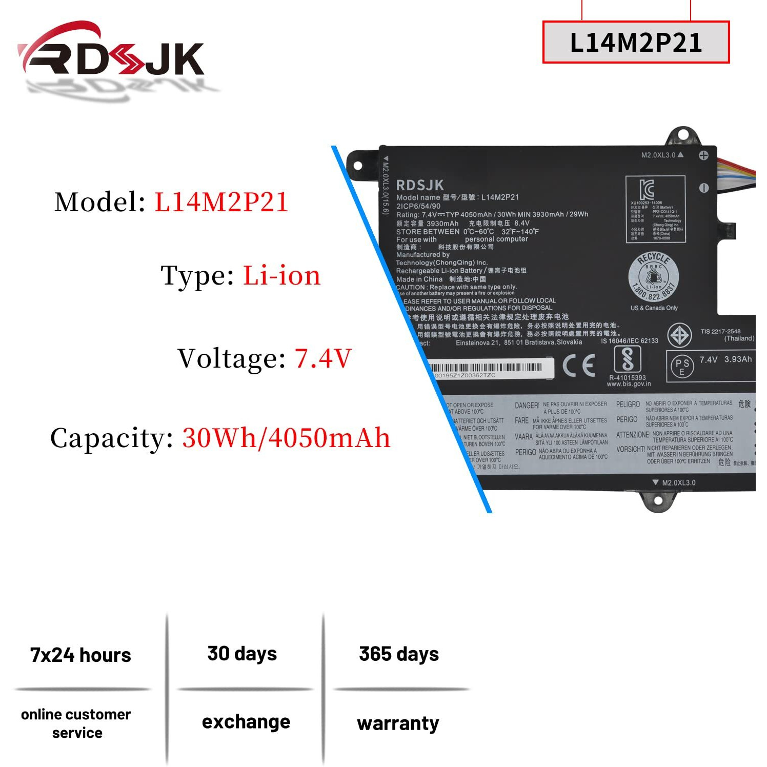 L14M2P21 L14L2P21 Laptop Battery For Lenovo Ideapad 330S 330S-14Ast 330S-14Ikb 330S-141Kb 330S-15Arr 330S-15Ast 330S-15Ikb Gtx1050 Series 5B10Q39203 5B10Q39204 5B10Q39206 5B10W67199 7.4V 30Wh