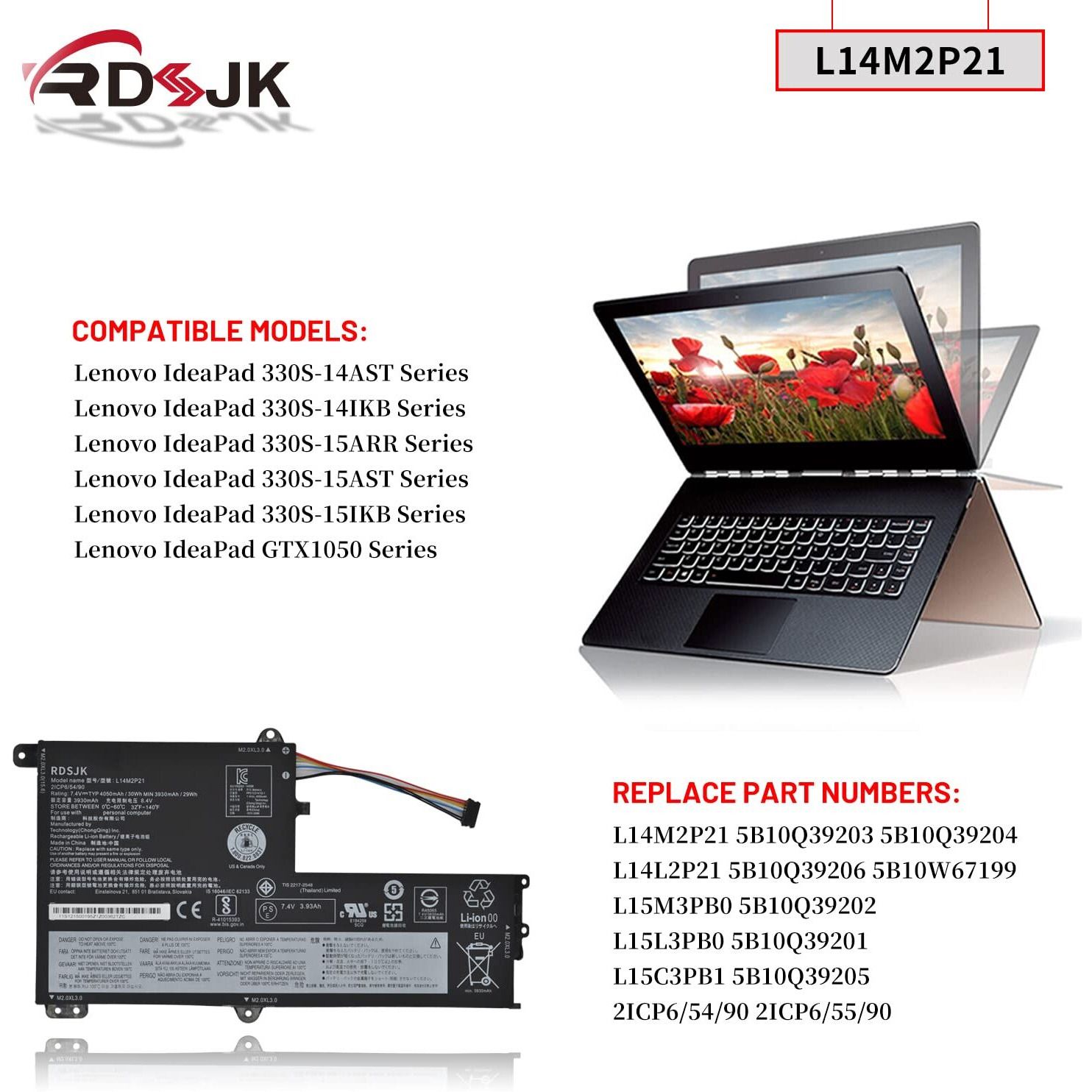 L14M2P21 L14L2P21 Laptop Battery For Lenovo Ideapad 330S 330S-14Ast 330S-14Ikb 330S-141Kb 330S-15Arr 330S-15Ast 330S-15Ikb Gtx1050 Series 5B10Q39203 5B10Q39204 5B10Q39206 5B10W67199 7.4V 30Wh