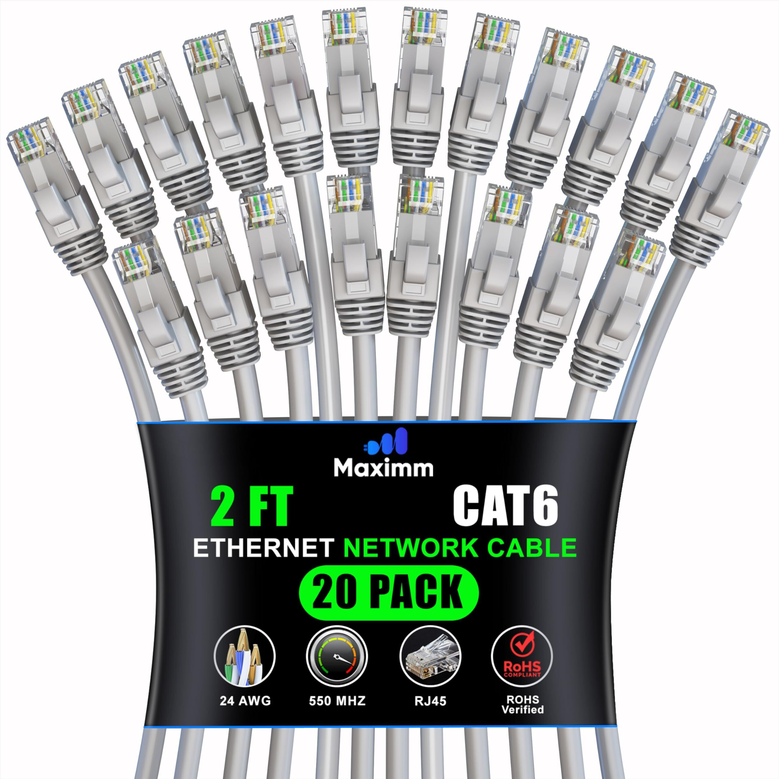 Maximm Cat 6 Ethernet Cable 2 Ft (20-Pack) - High-Speed Lan Cable  Internet Cable  Patch Cable  And Network Cable - Utp  10Gbps  550Mhz Ethernet Cord - Gray