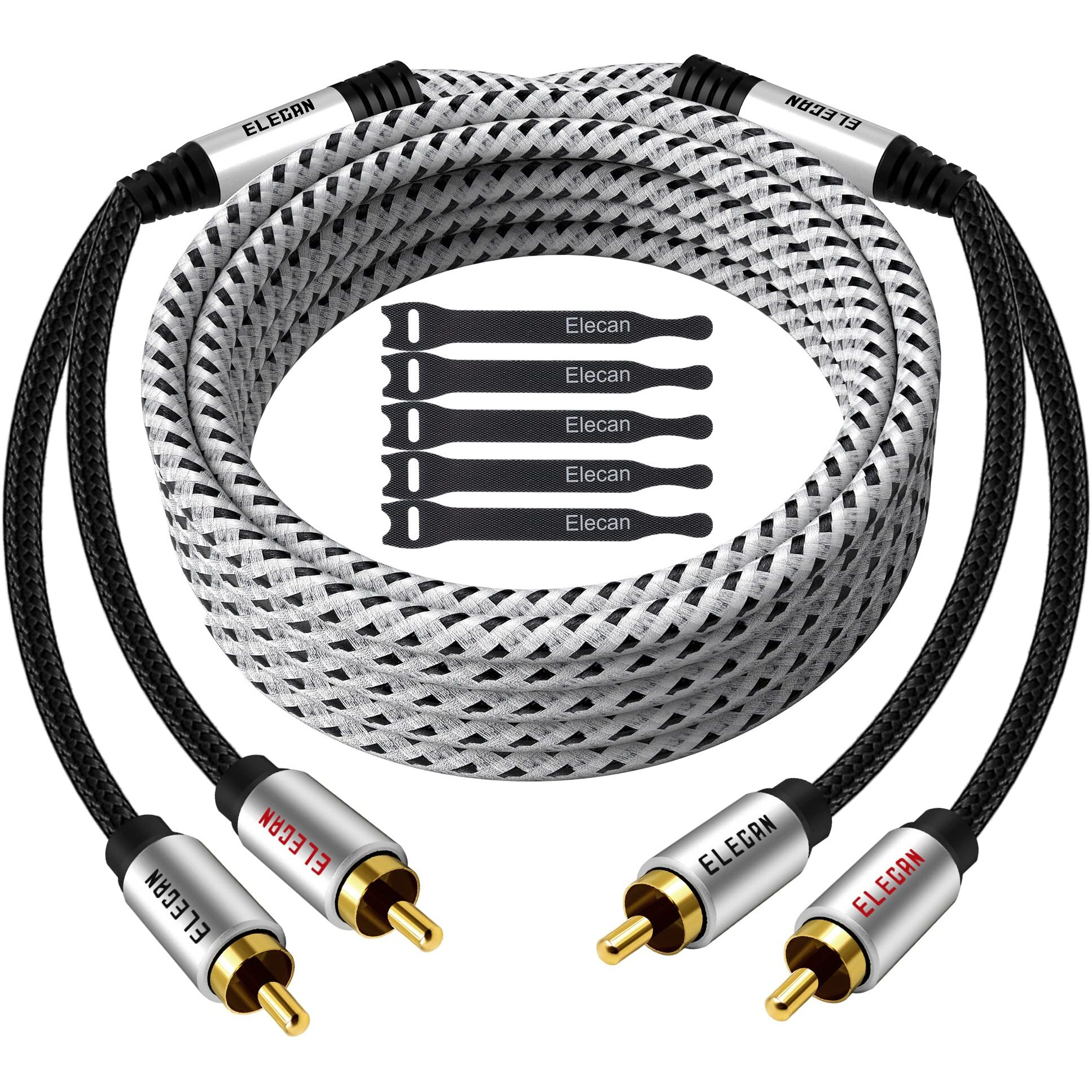 Elecan Premium Rca Cable 15 Ft (Hi-Fi Sound-16 Awg-Shielded) 2 Rca Male To 2 Rca Male Stereo Audio Cable  Gold Plated-Aluminum Alloy Shell-Pure Copper-Braided Rca Cord For Home Theater Speakers + Ties