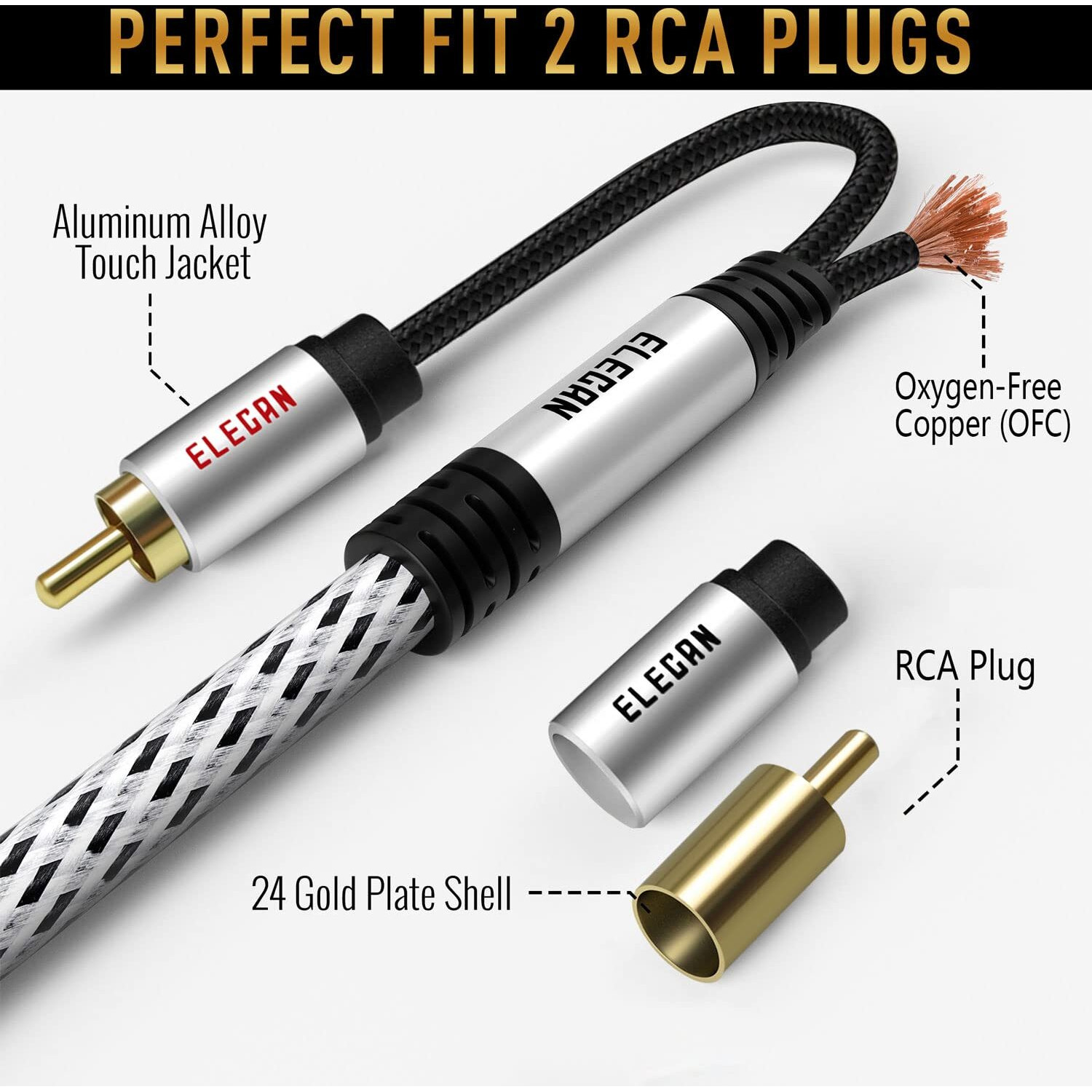 Elecan Premium Rca Cable 15 Ft (Hi-Fi Sound-16 Awg-Shielded) 2 Rca Male To 2 Rca Male Stereo Audio Cable  Gold Plated-Aluminum Alloy Shell-Pure Copper-Braided Rca Cord For Home Theater Speakers + Ties