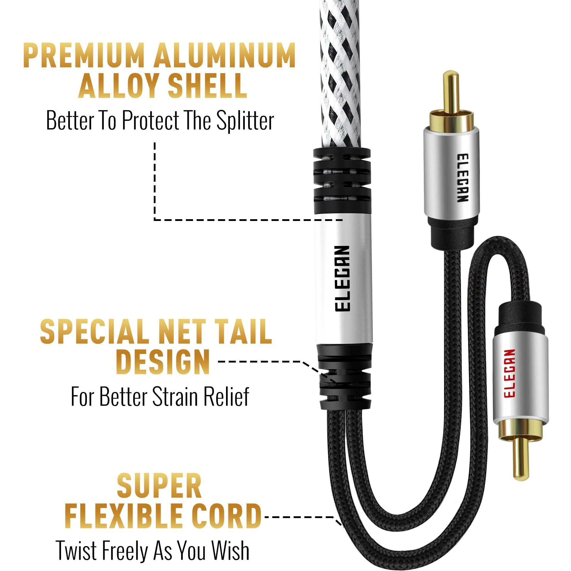 Elecan Premium Rca Cable 15 Ft (Hi-Fi Sound-16 Awg-Shielded) 2 Rca Male To 2 Rca Male Stereo Audio Cable  Gold Plated-Aluminum Alloy Shell-Pure Copper-Braided Rca Cord For Home Theater Speakers + Ties