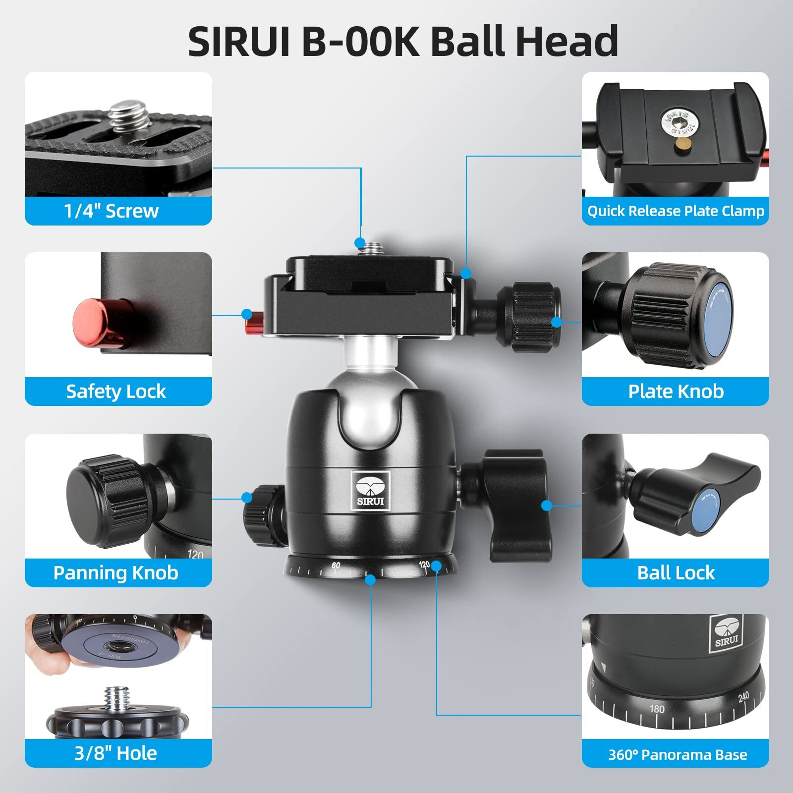 Sirui Camera Tripod Ball Head  10Kg/22.05Lbs Loading Capacity  360Panning Base  Aluminum Build Quality  Safety Lock  Universal Mounting Plate For Easy Attachment (B-00K Ball Head)