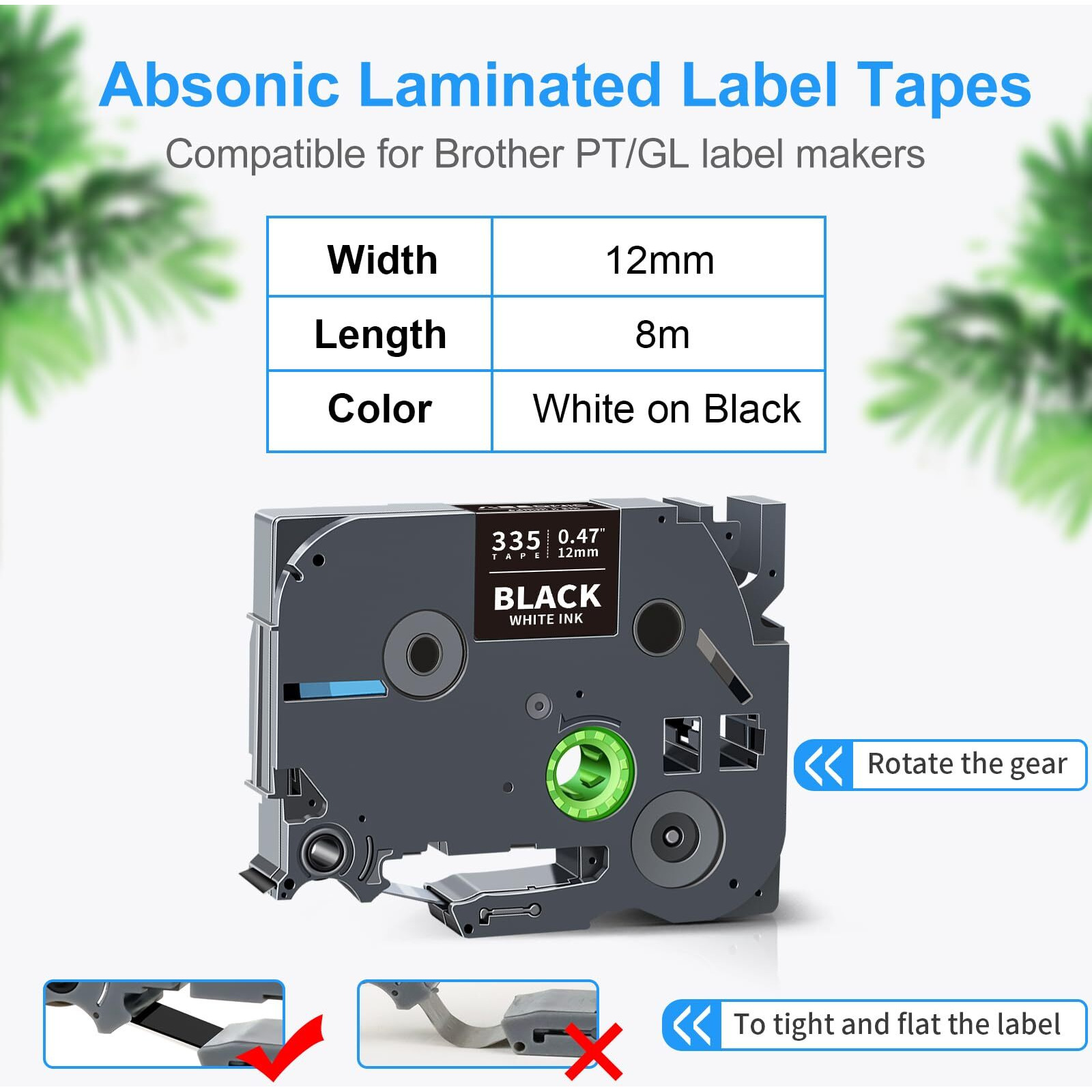 Absonic 4-Pack 12Mm 0.47 White On Black Label Tape Replace For Brother Tze-335 Tze335 Tz-335 Tz335 1/2 P Touch Label Tape Tze Tz 12Mm 0.47 Laminated Black For Ptd220 Pth110 Ptd210 Ptd600 Ptd400 Pt1880