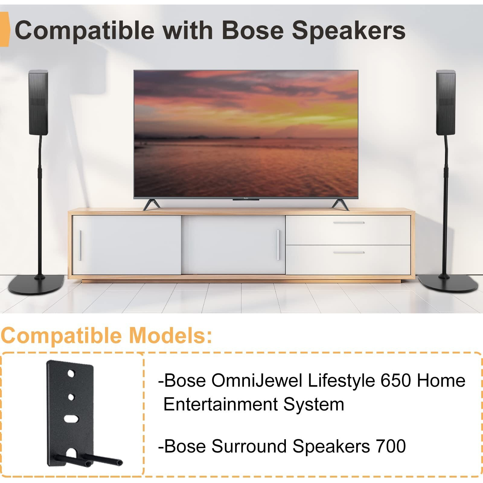 Maozhren Adjustable Stand For Bose Speaker Stands  For Bose Omnijewel Lifestyle 650  Surround Speaker 700  Floor Speaker Stand For Bose Omnijewel Floor Stand  With Omnijewel Bracket  Black (Pack Of 2)