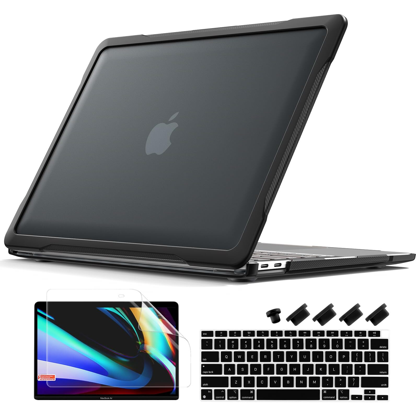 Batianda Ultimate Protection Case For Macbook Air 13 Inch 2021 2020 Release Model A2337 M1 Chip A2179 A1932 2019 Matte Carbon Fiber Edges Shockproof With Keyboard Cover Screen Protector Black