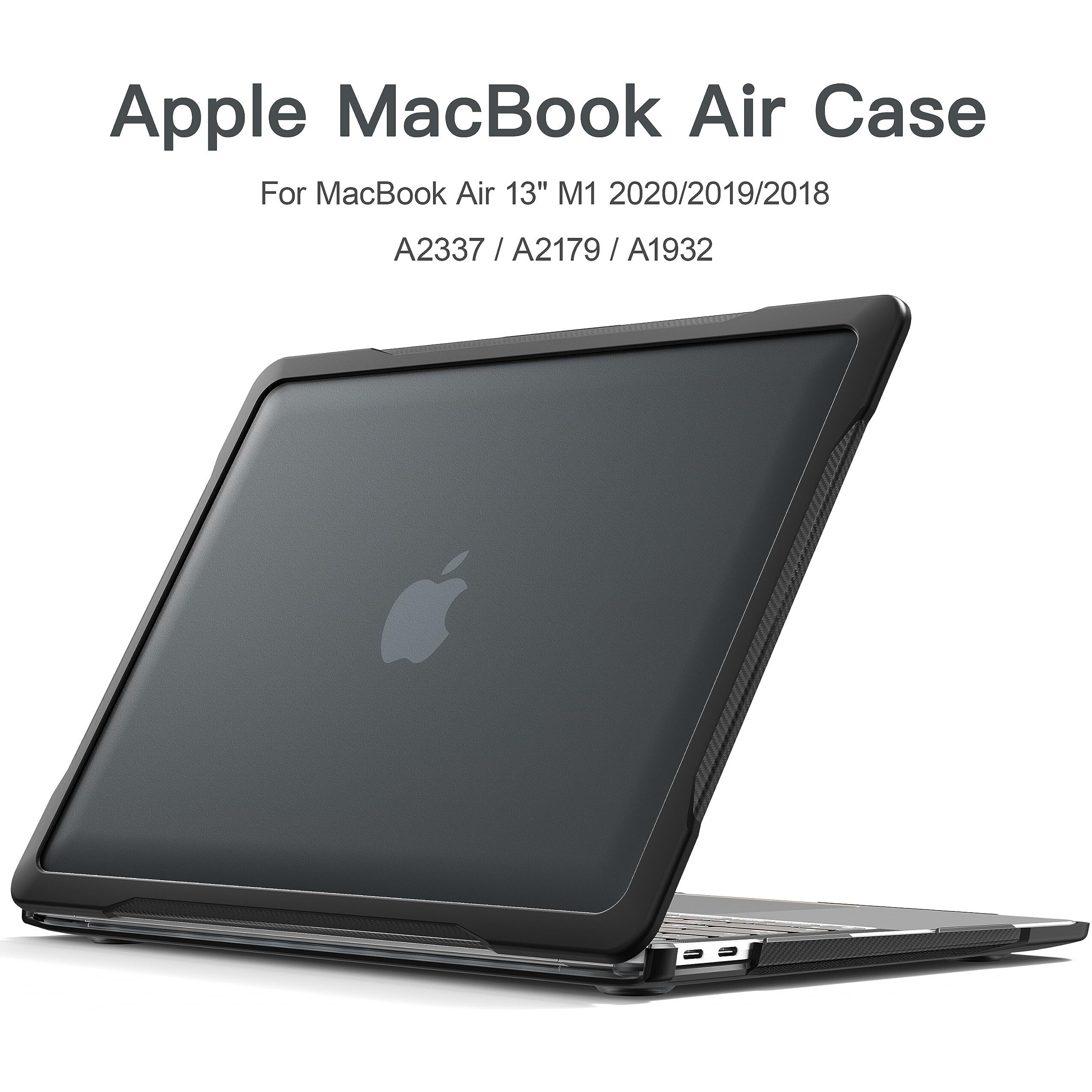 Batianda Ultimate Protection Case For Macbook Air 13 Inch 2021 2020 Release Model A2337 M1 Chip A2179 A1932 2019 Matte Carbon Fiber Edges Shockproof With Keyboard Cover Screen Protector Black