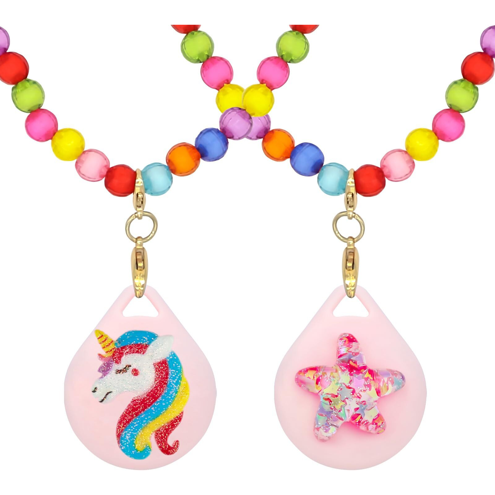 Xeewen 2 Pack For Airtag Necklace Holder For Kids  Cute Kawaii Beaded Necklace Case For Girls (Star-Unicorn)