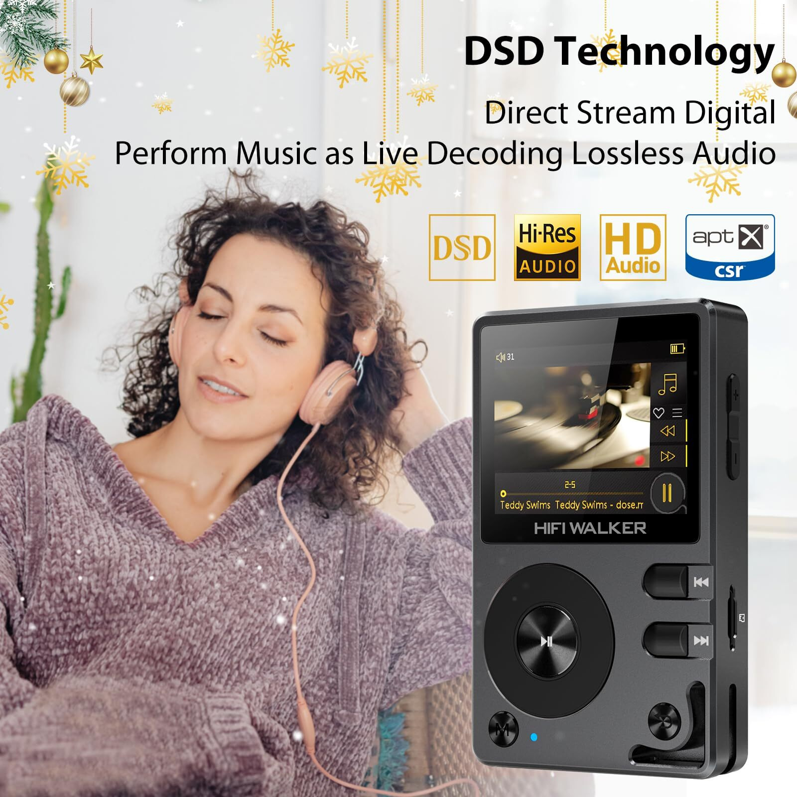 Hifi Walker H2 Hifi Mp3 Player With Bluetooth  Lossless Dsd Dac Flac  High Resolution Music Player  Portable Audio Player With 64 Gb Memory Card  Supports Up To 256 Gb
