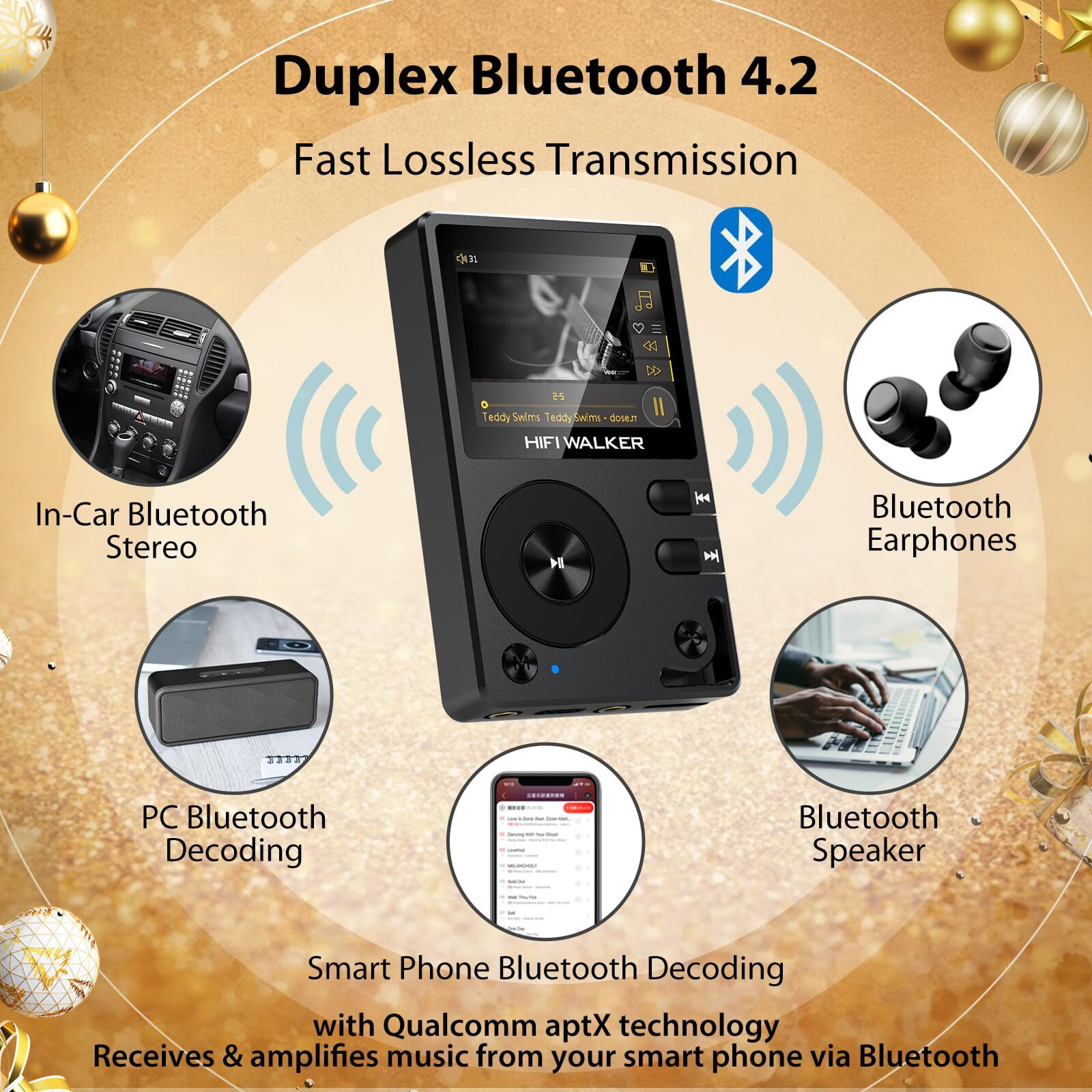 Hifi Walker H2 Hifi Mp3 Player With Bluetooth  Lossless Dsd Dac Flac  High Resolution Music Player  Portable Audio Player With 64 Gb Memory Card  Supports Up To 256 Gb