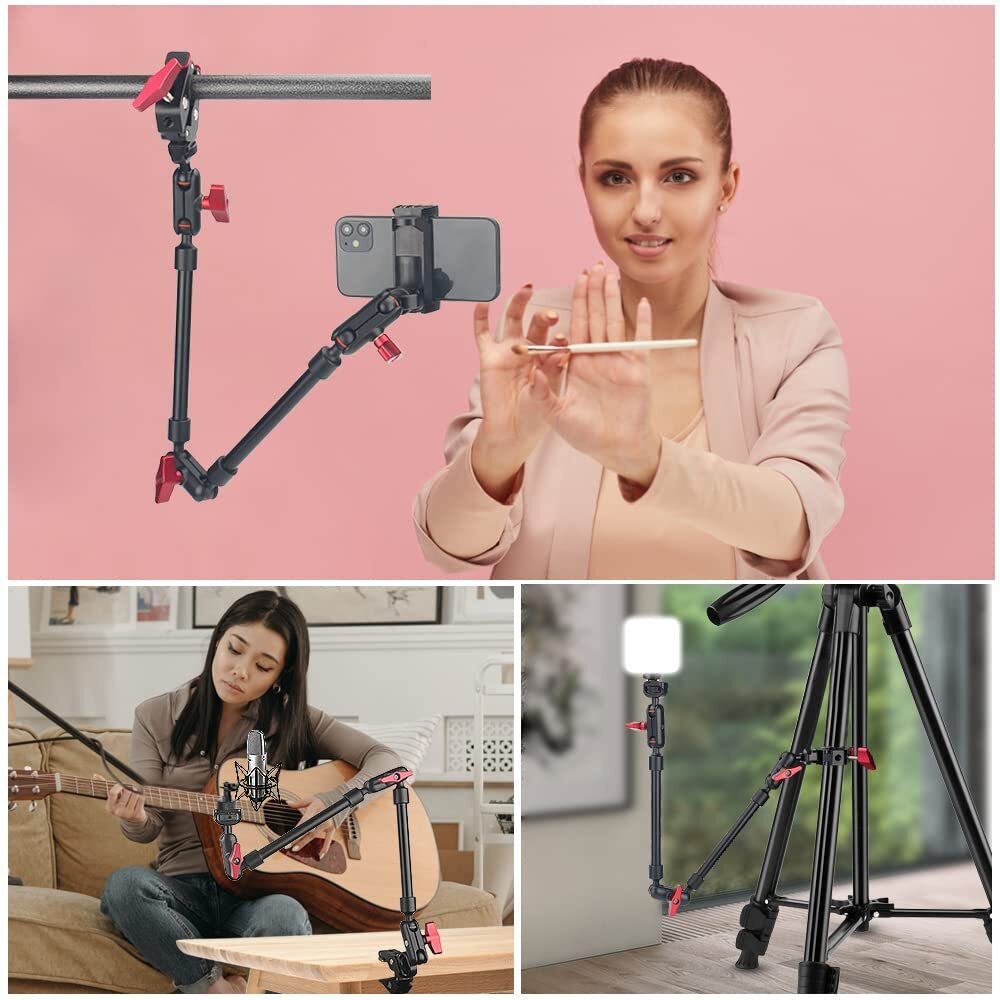 Magic Arm Camera Mount Super Clamp  22Inch Mic Boom Arm Camera Clamp Mount With Phone Holder And 3/8"" 5/8"" Screw Adapters  Articulating Tripod Arm For Microphone  Webcam  Monitor  Led Light  Rig