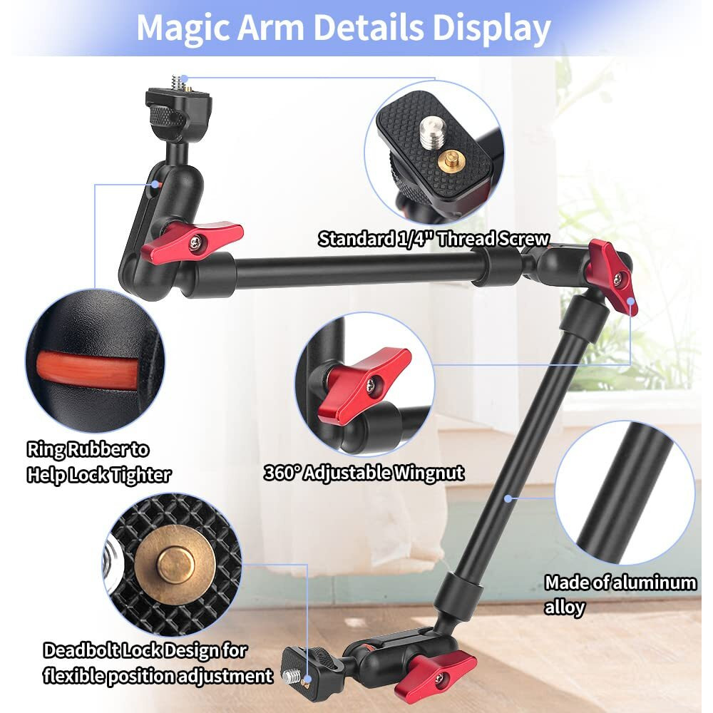 Magic Arm Camera Mount Super Clamp  22Inch Mic Boom Arm Camera Clamp Mount With Phone Holder And 3/8"" 5/8"" Screw Adapters  Articulating Tripod Arm For Microphone  Webcam  Monitor  Led Light  Rig