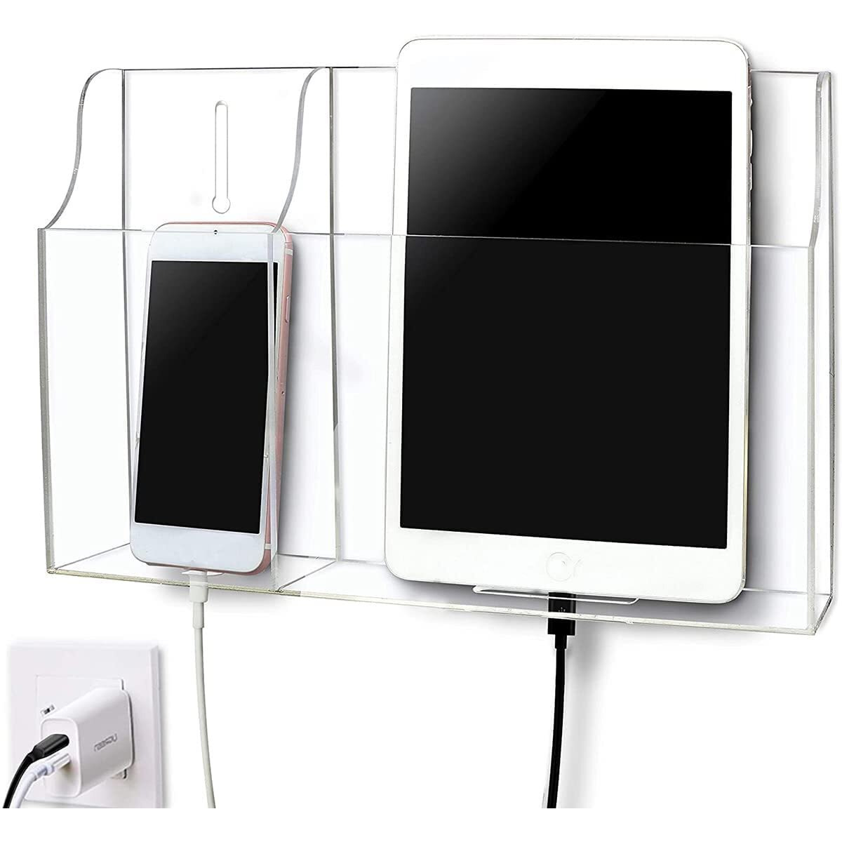 Pansyling Clear Acrylic Remote Control Holder Wall Mounted Phone Holder Stand For Tablet Ereader Wall Storage Caddy Media Organizer With Charging Holes For Ipad Kindle Iphone Samsung