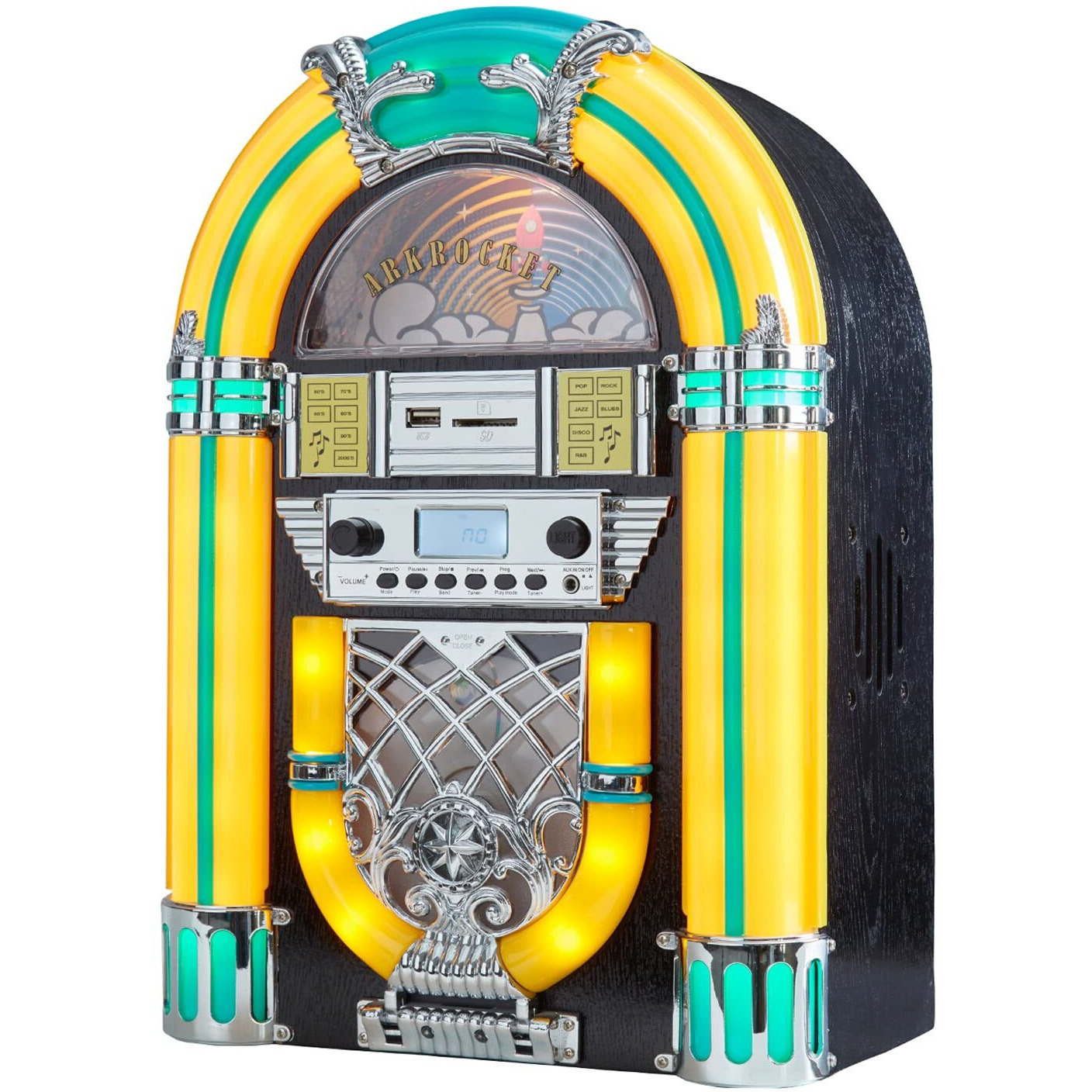 Arkrocket Athena Mini Jukebox/Tabletop Cd Player/Bluetooth Speaker/Radio/Usb And Sd Card Player With Retro Led Lighting System (Yellow Green)