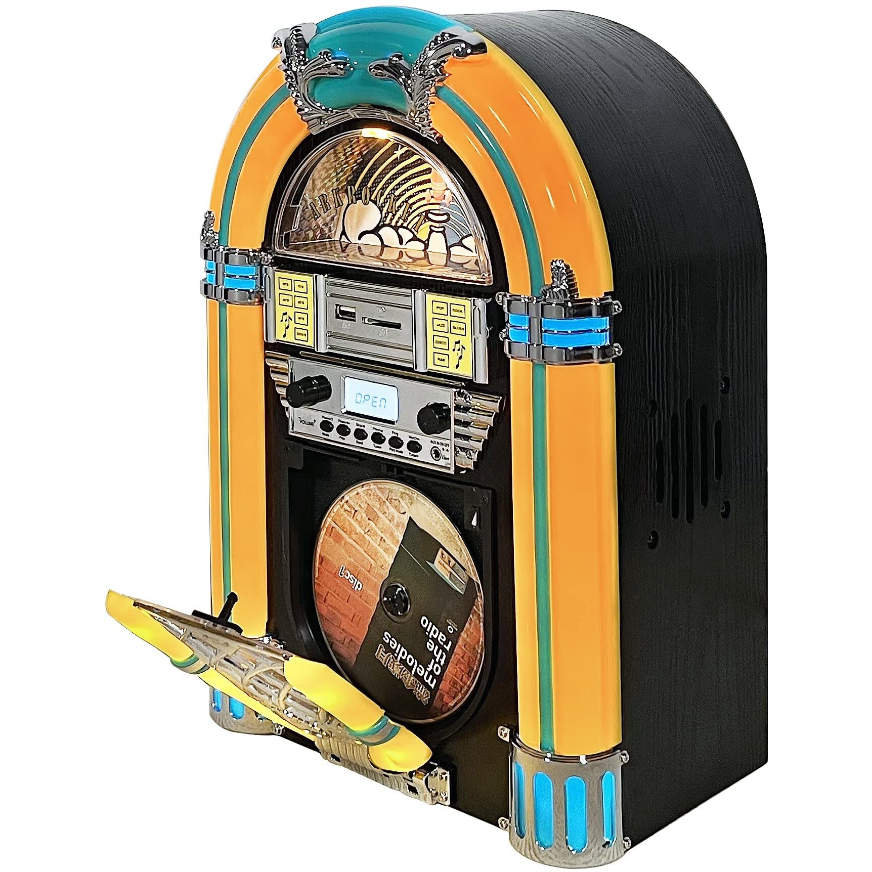 Arkrocket Athena Mini Jukebox/Tabletop Cd Player/Bluetooth Speaker/Radio/Usb And Sd Card Player With Retro Led Lighting System (Yellow Green)
