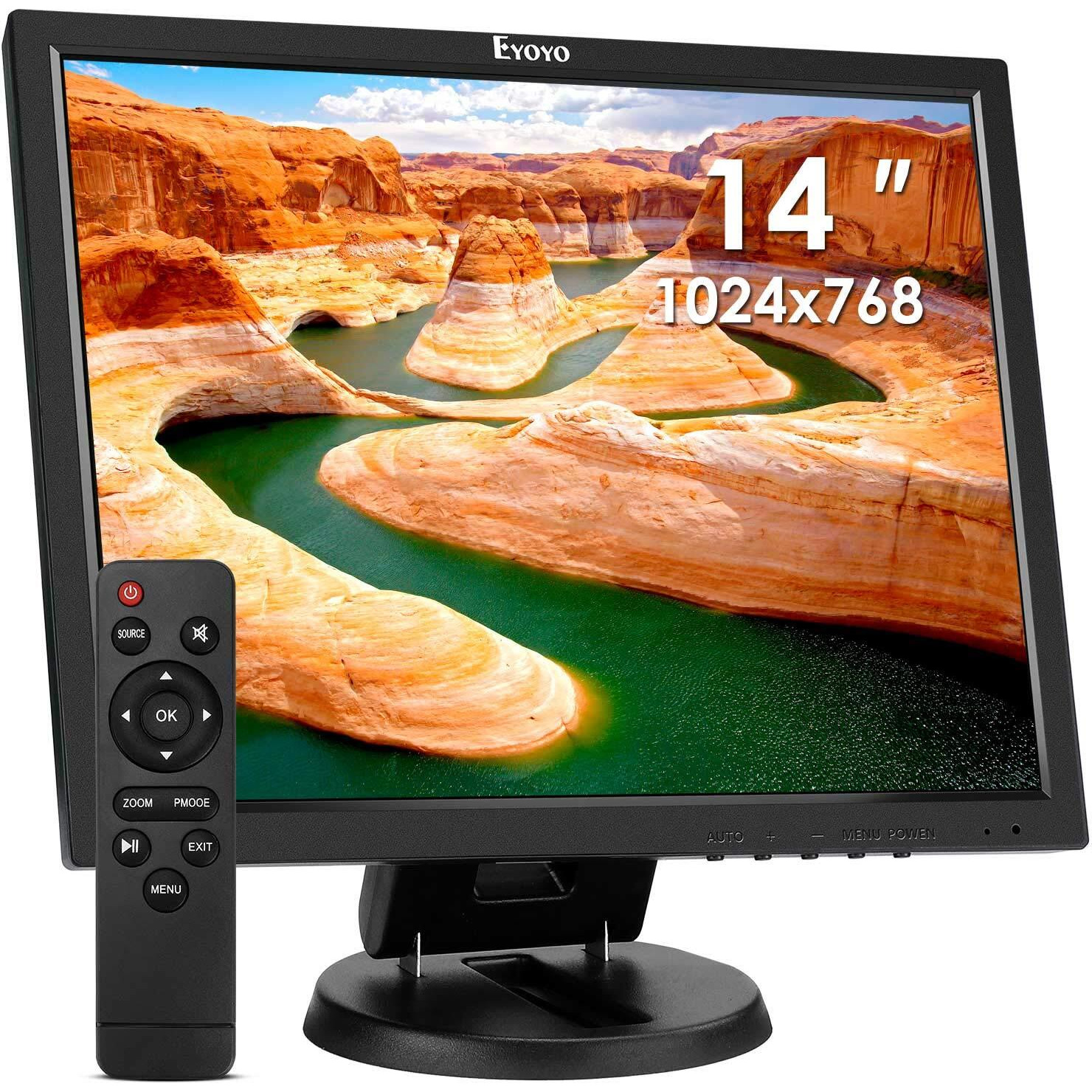 Eyoyo 14 Inch Lcd Hdmi Monitor 1024X768 Small Vga Display Monitor For Security Cameras W/Hdmi/Vga/Av/Bnc Input W/Built-In Speakers And Remote