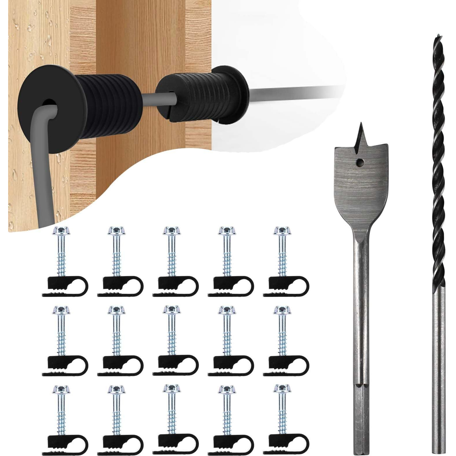 Myzhre Starlink Cable Routing Kit Starlink Cable Installation Kit Starlink Mounting Accessories 2* Grommets  1"" Spade Drill Bit  5/16"" Drill Bit  15 Wall Clamps (Black)