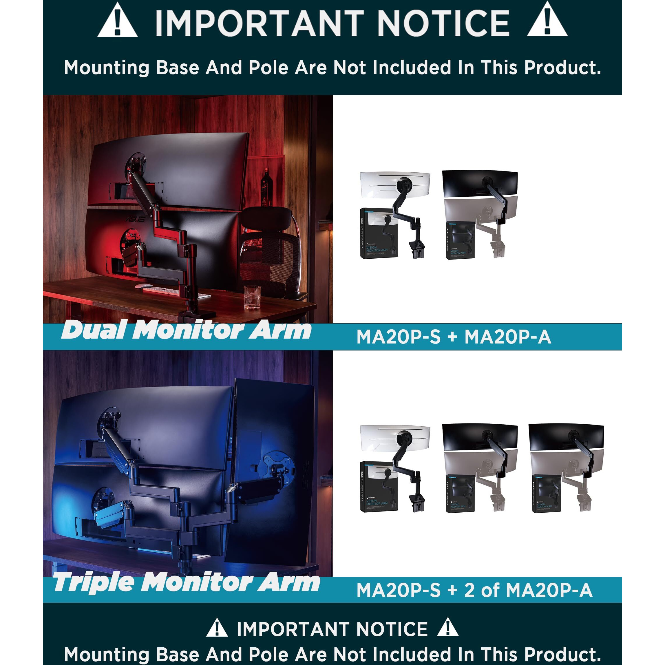 Ultrarm Heavy Duty Extension Arm [Accessory Only - Requires Ma20P-S Single Monitor Arm For Use] Dual 49"" Vertical Stacked Monitor Mount Height Adjustable - 100X100 Vesa Mount  Black  Ma20P-A