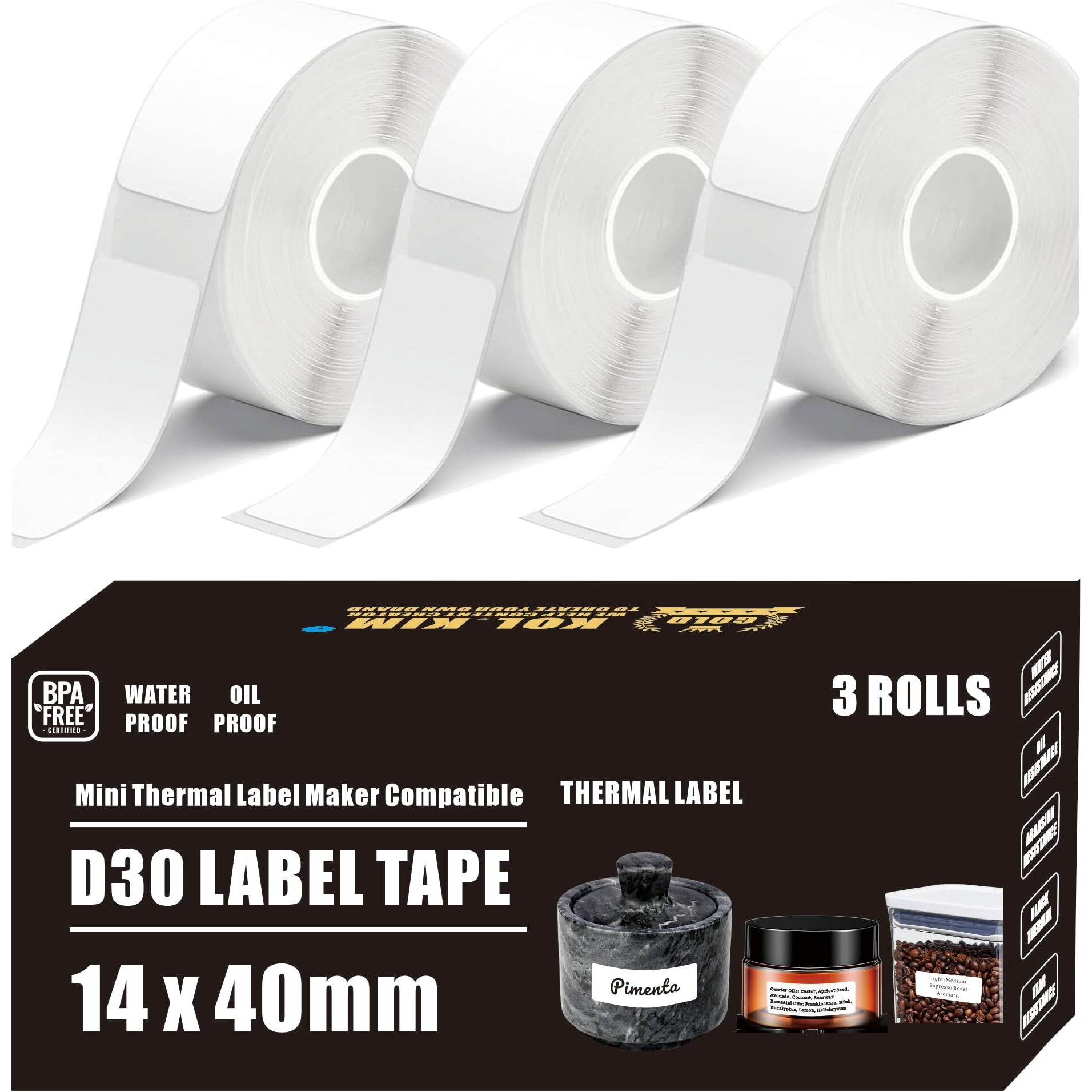 Kol.Kim D30 Labels  Waterproof Oil Proof For Phomemo D30 D35 Q30 Thermal Mini Label Maker Label Tape Refills For Vretti Hp3 Marklife P11 White 3 Rolls 14Mm X 40Mm (0.55"&quotX1.57"")