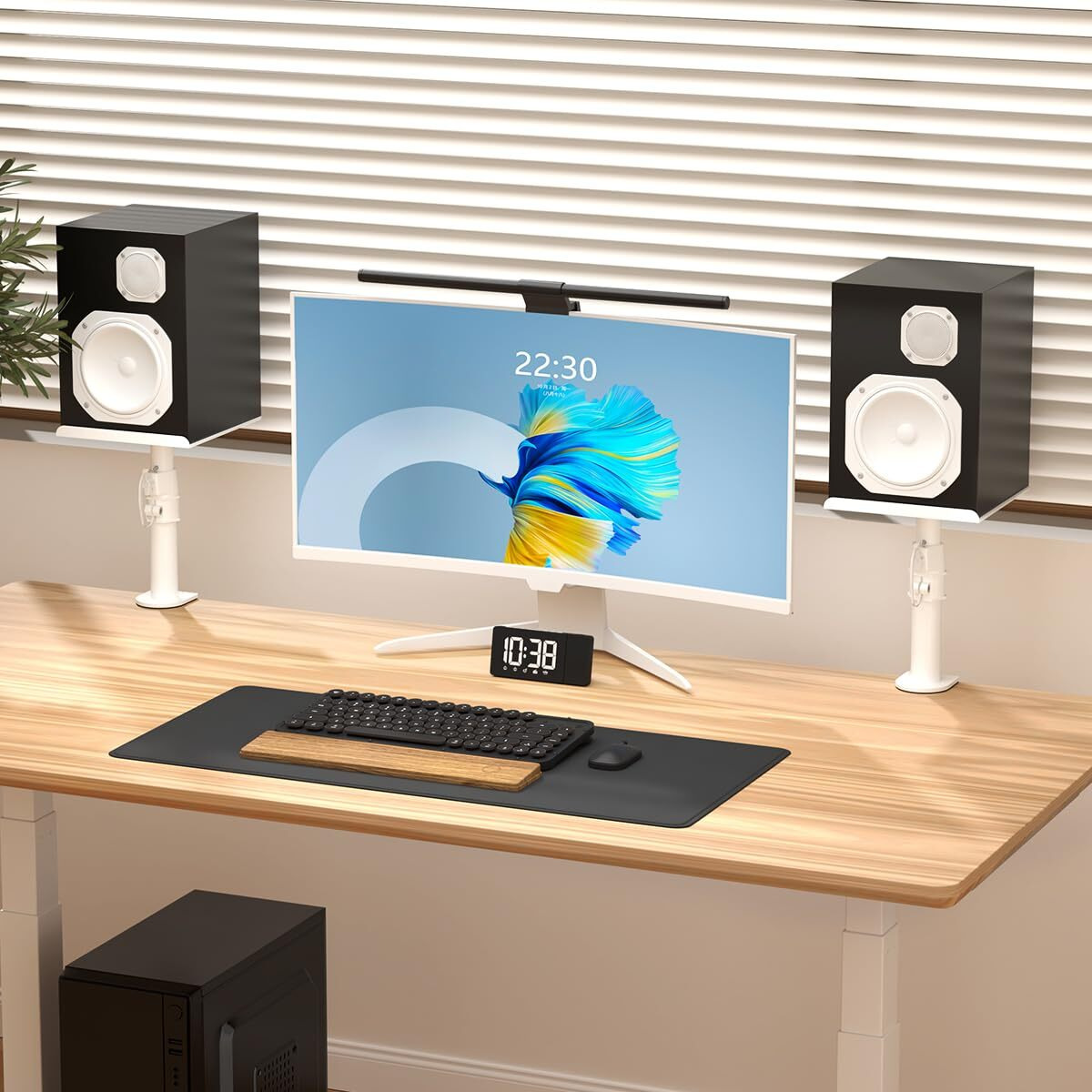 Suptek Clamp-On Speaker Stand Desk Mount Set  Height Adjustment  Tilt  Swivel  9.6 X 8.8 Inch Trays  Universal Audio Holders For Computer And Bookshelf Speakers  Elevated Sound  2 Pack  White  Sdm001W