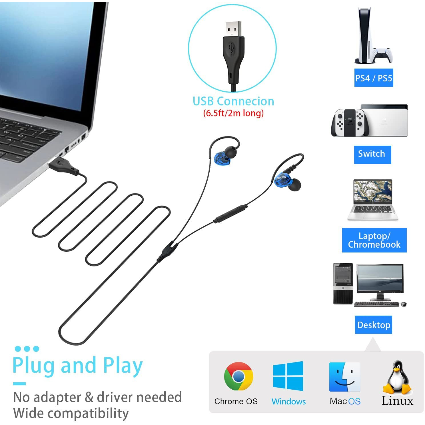 Usb Earbuds With Microphone For Pc Laptop  6.5Ft Long Cord Wired Usb Headphones Headset For Computer Desktop Macbook Ps4 Ps5 Work Calls Gaming  Over Ear In-Ear Earphones W Case  Control  Mute Function