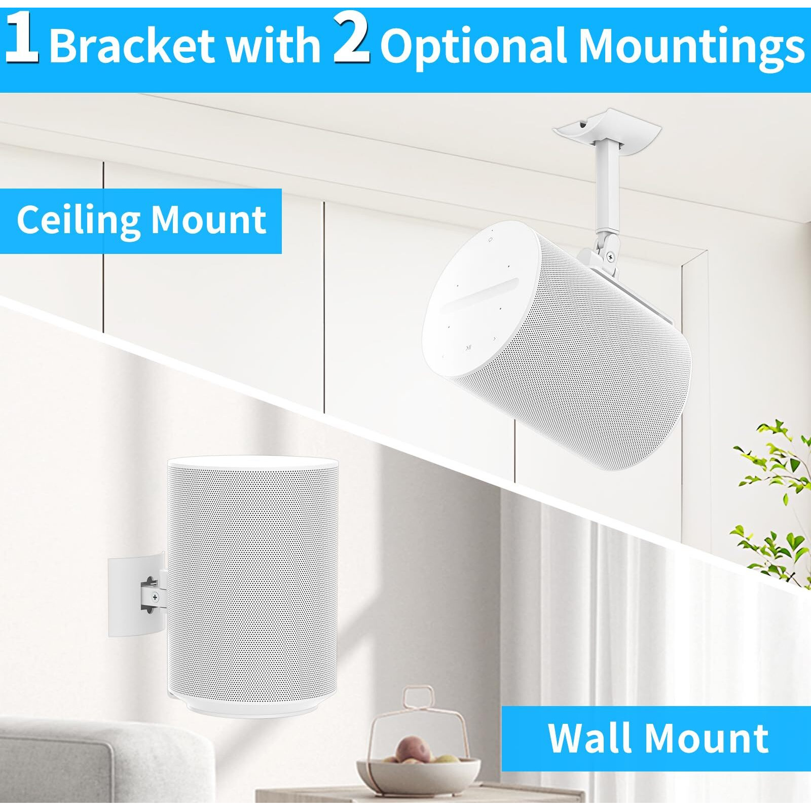 Yibracki Heavy-Duty Speaker Wall Mount And Ceiling Speaker Mount For Sonos Era 100 Wireless Speaker Mount Tilt & Swivel Adjustable Mount Or Sonos Era 100 Speaker With Hardware Kit - 2 Pack  White
