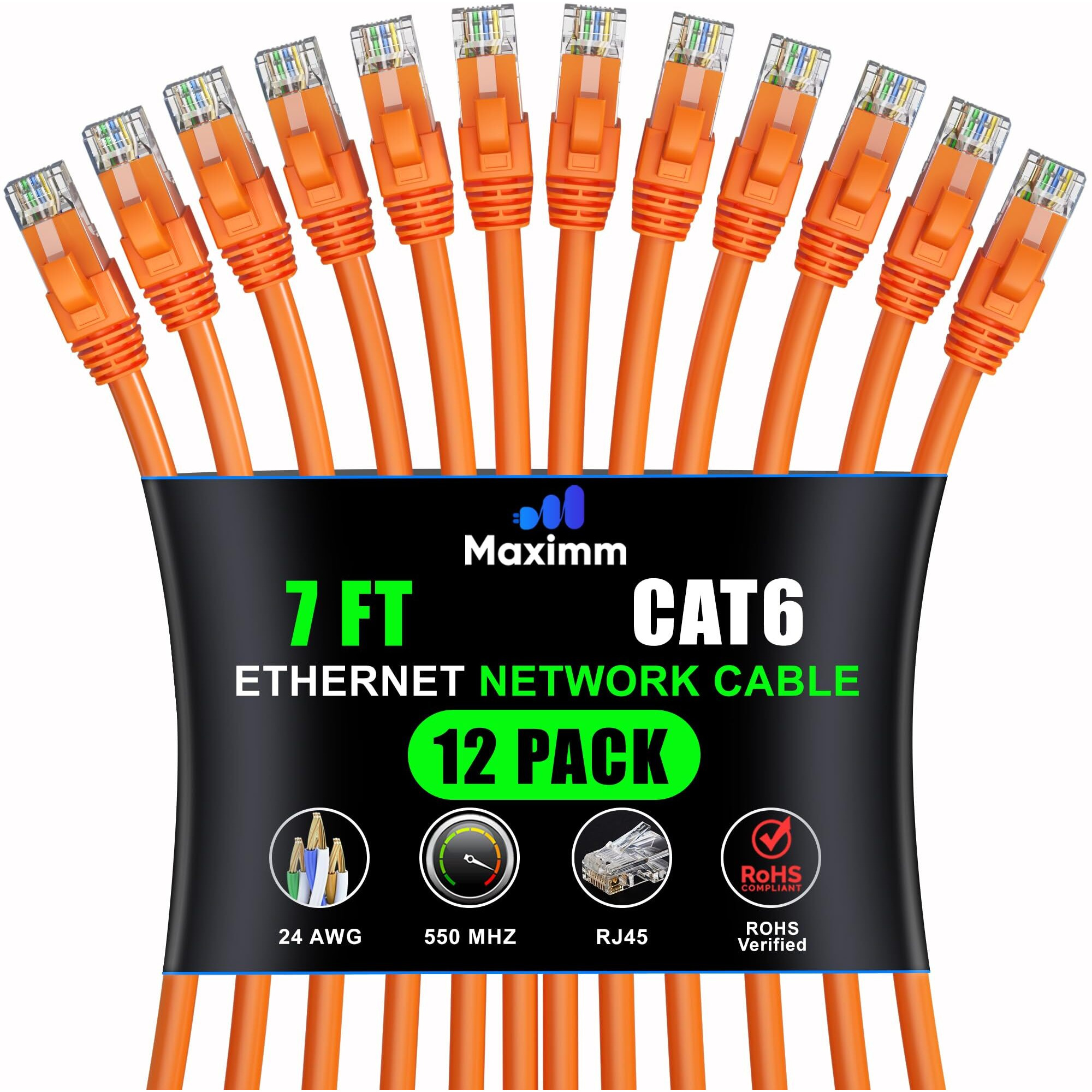 Maximm Cat 6 Ethernet Cable 7 Ft (12-Pack) - High-Speed Lan Cable  Internet Cable  Patch Cable  And Network Cable - Utp  10Gbps  550Mhz Ethernet Cord - Orange
