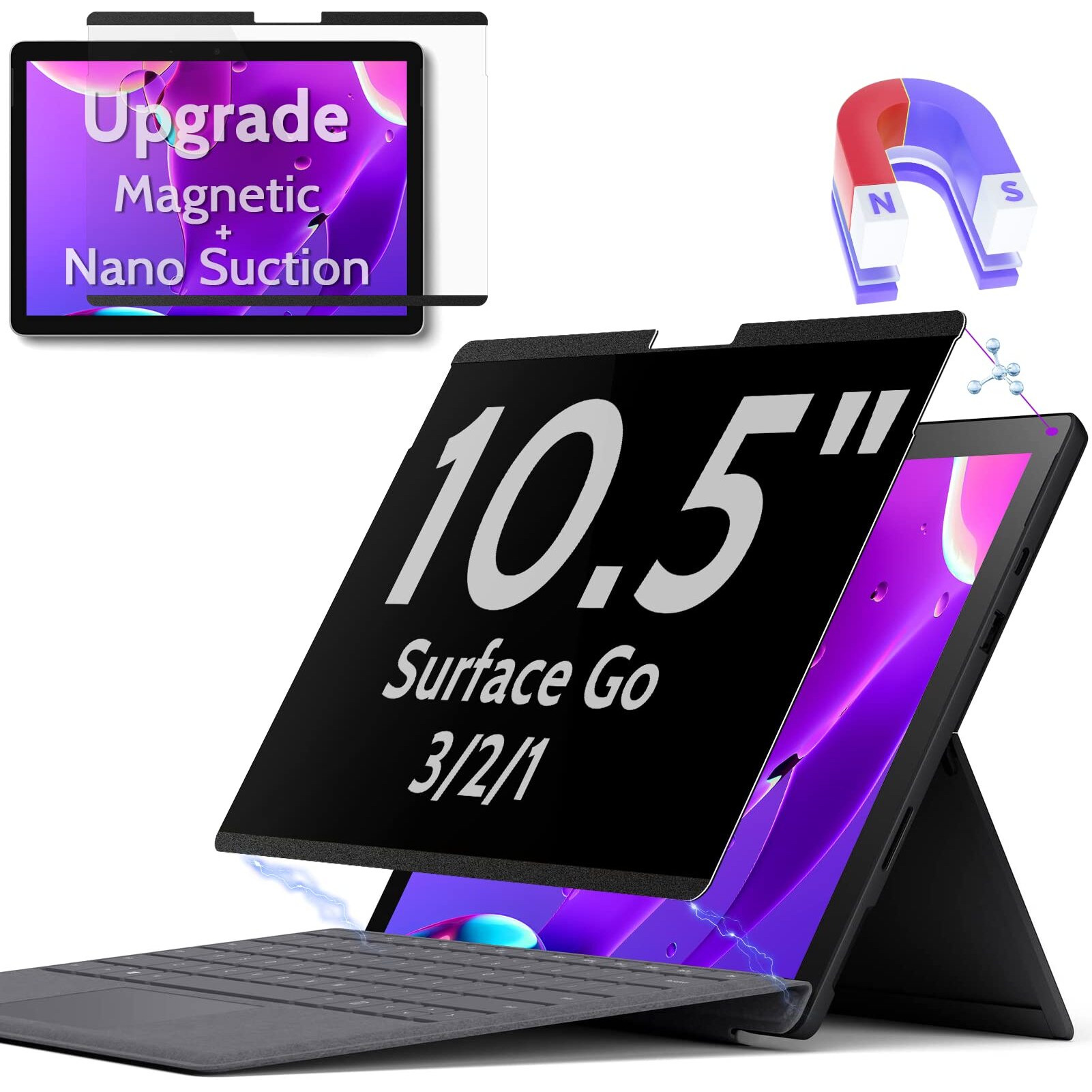 Peslv Magnetic Privacy Screen For Surface Go 3/2/1 10.5 Inch  Removable Anti Blue Light Glare Filter  Black Security Private Apy Block Protector