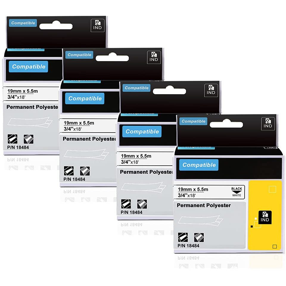 Aonomi 18484 A18484 Industrial Label Replace For Dymo Rhnio 18484 3/4"" 19Mm Black On White Permanent Polyester Label Tapes Compatible With Dymo Rhino 5200 4200 6000 5000 Industrial Label Maker 4-Pack